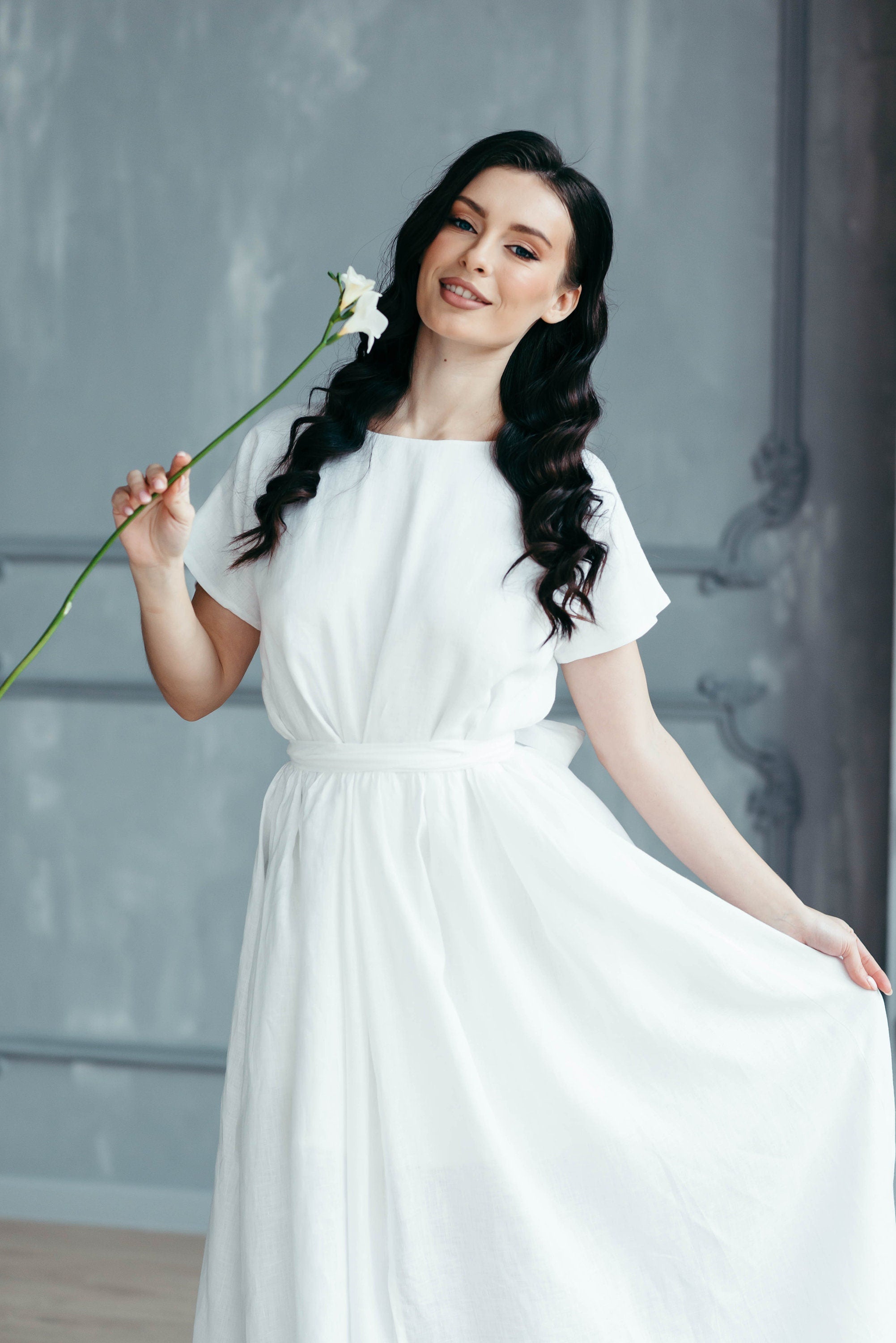 Simple Linen Wedding Dress | Modest Back