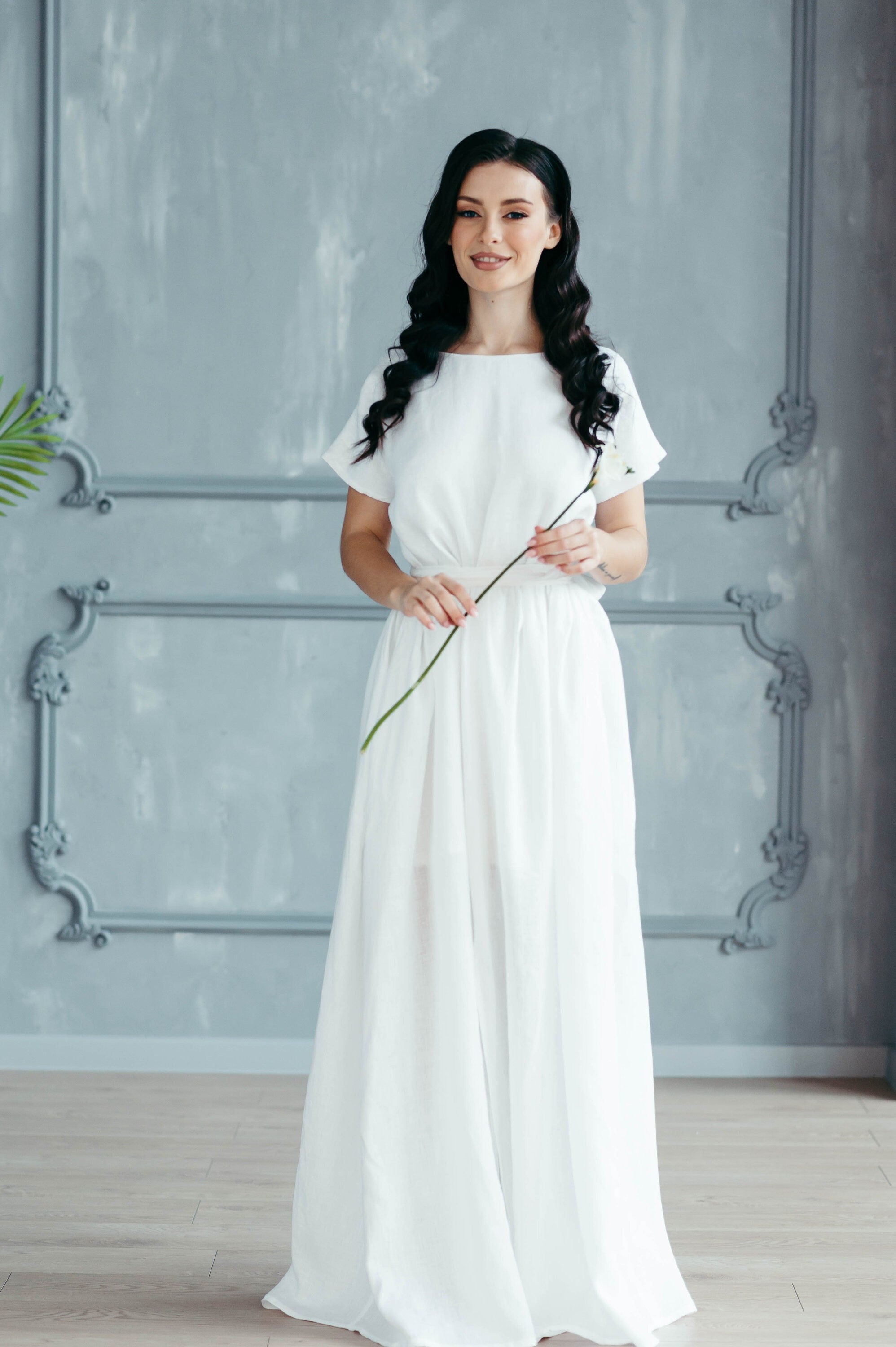 Simple Linen Wedding Dress | Modest Back
