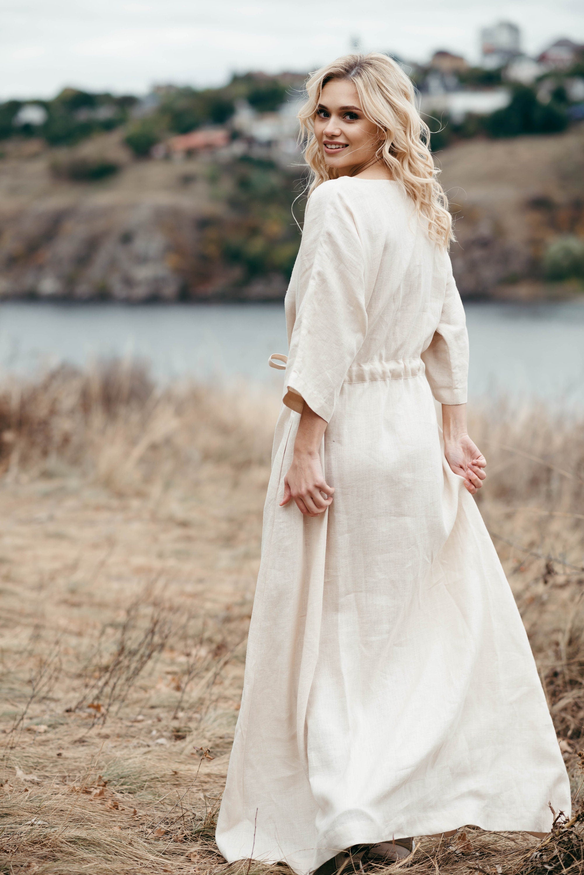 Simple Long Sleeved Linen Kaftan Dress | Grey