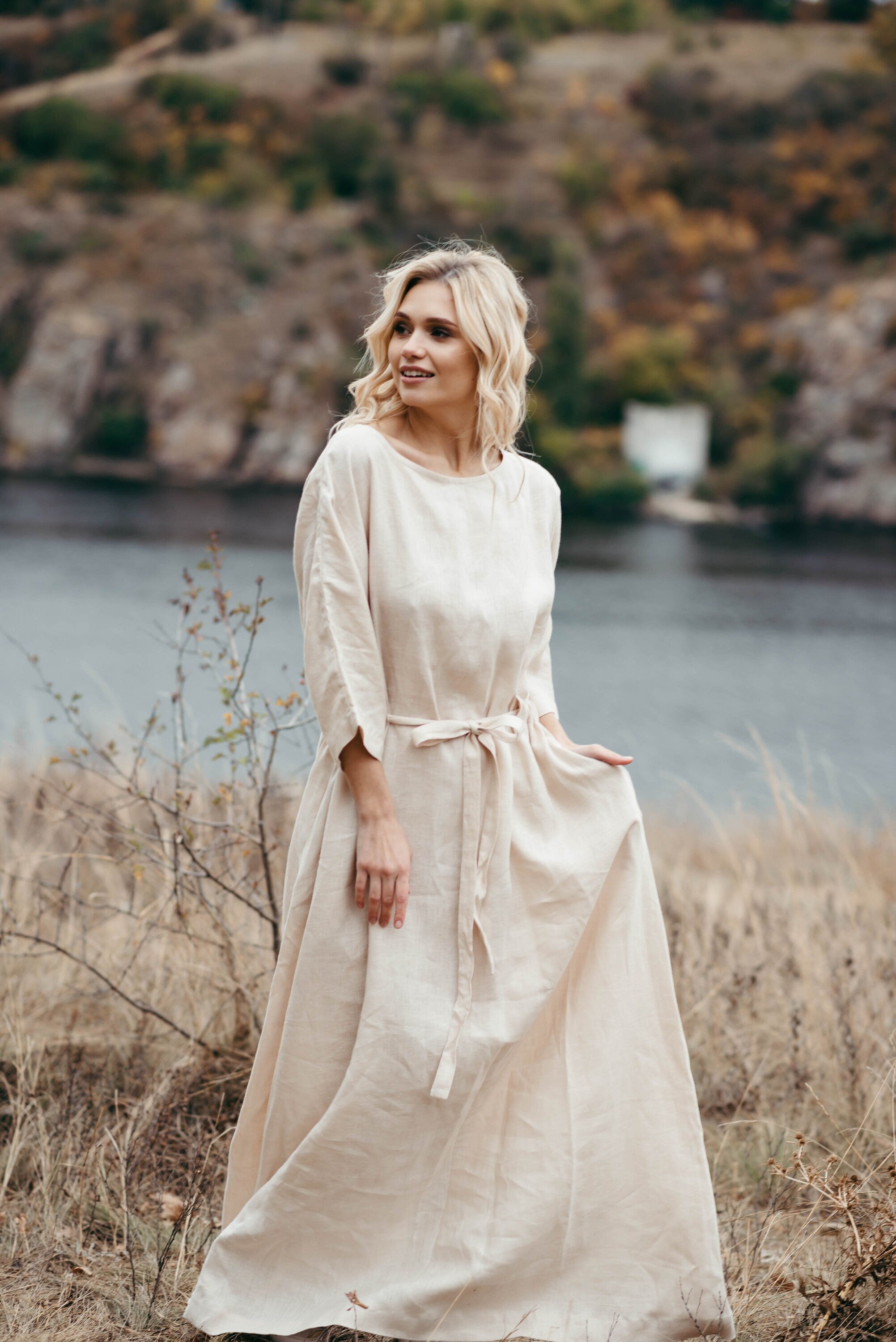 Simple Long Sleeved Linen Kaftan Dress | Grey