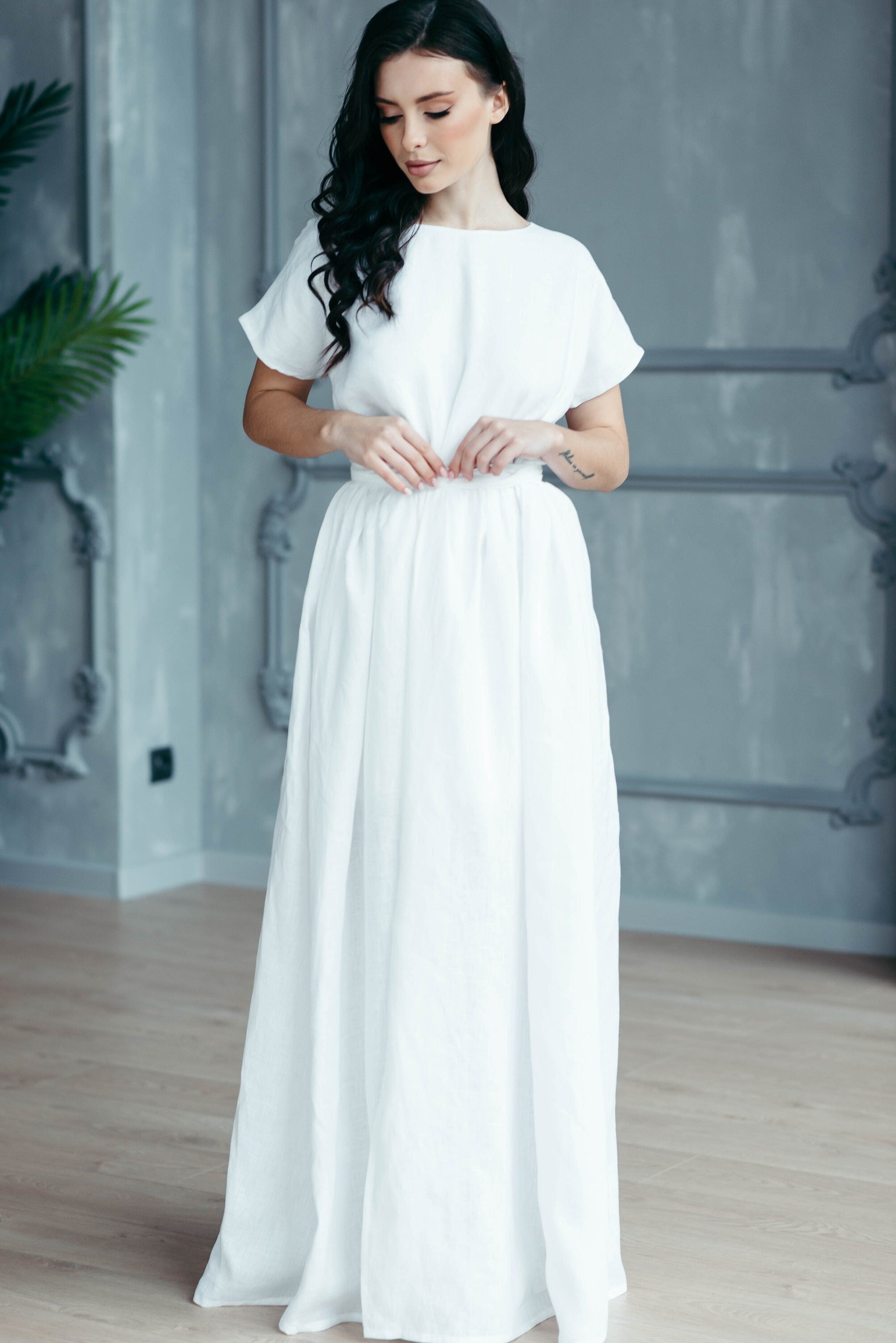 Simple Linen Wedding Dress | Modest Back