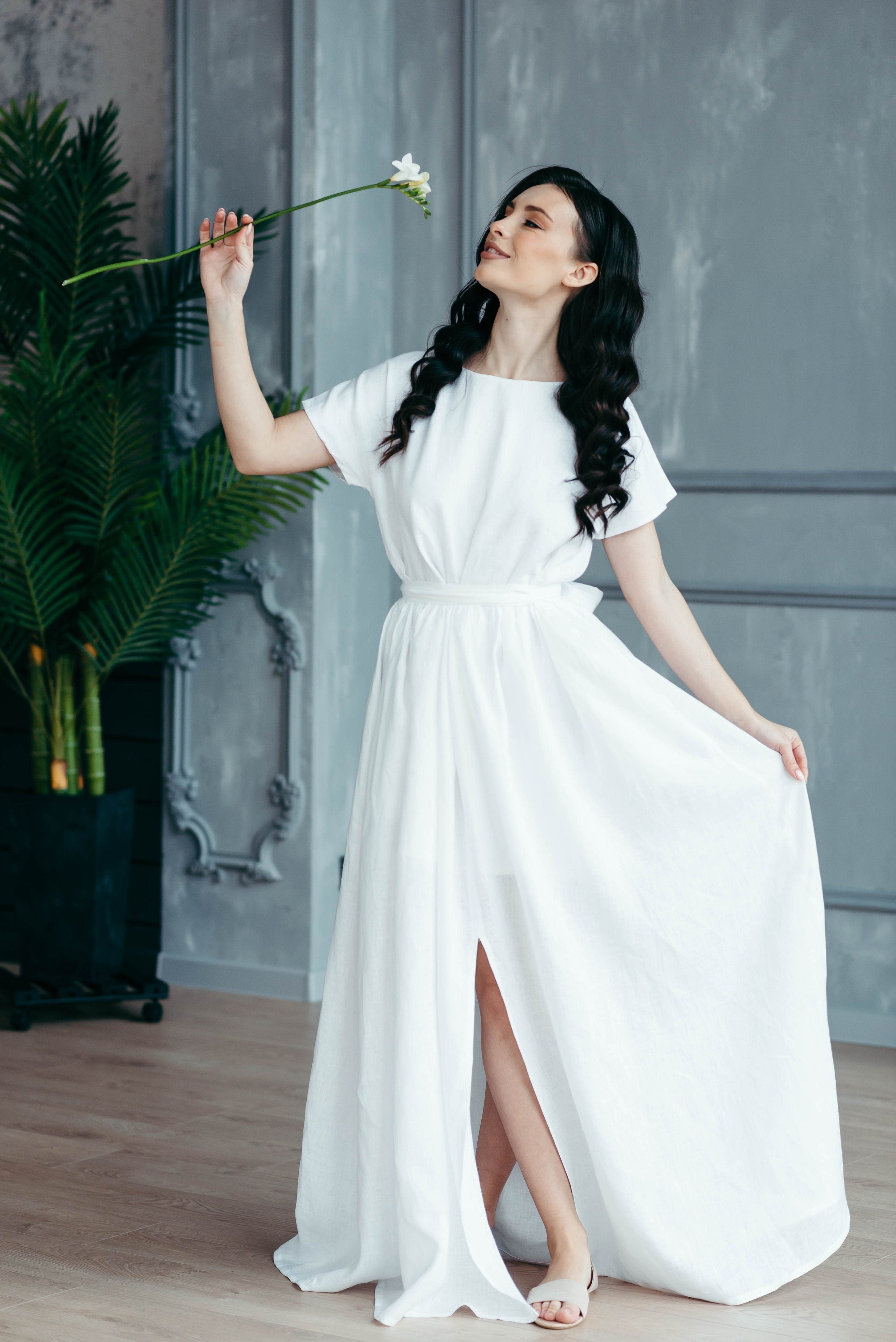 Simple Linen Wedding Dress | Modest Back