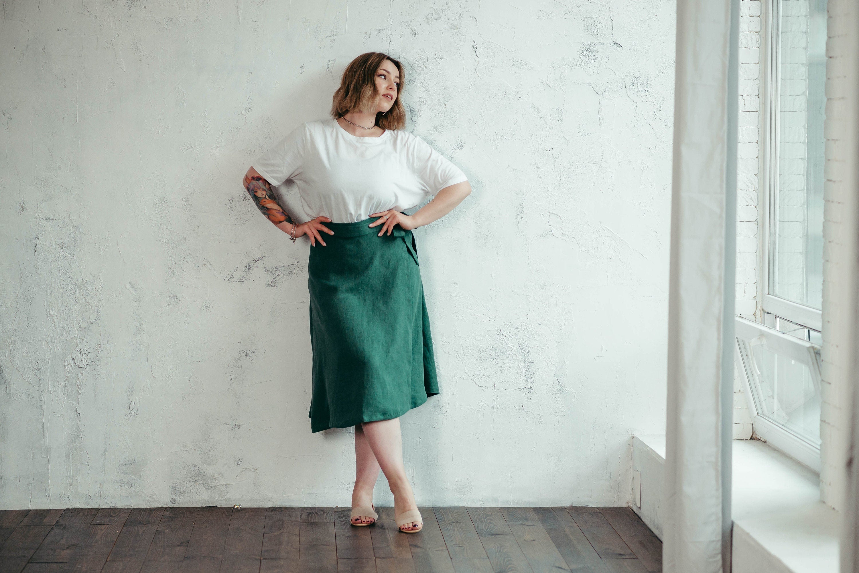 Pure Linen Wrap Skirt - A Line Midi Summer Linen Skirt