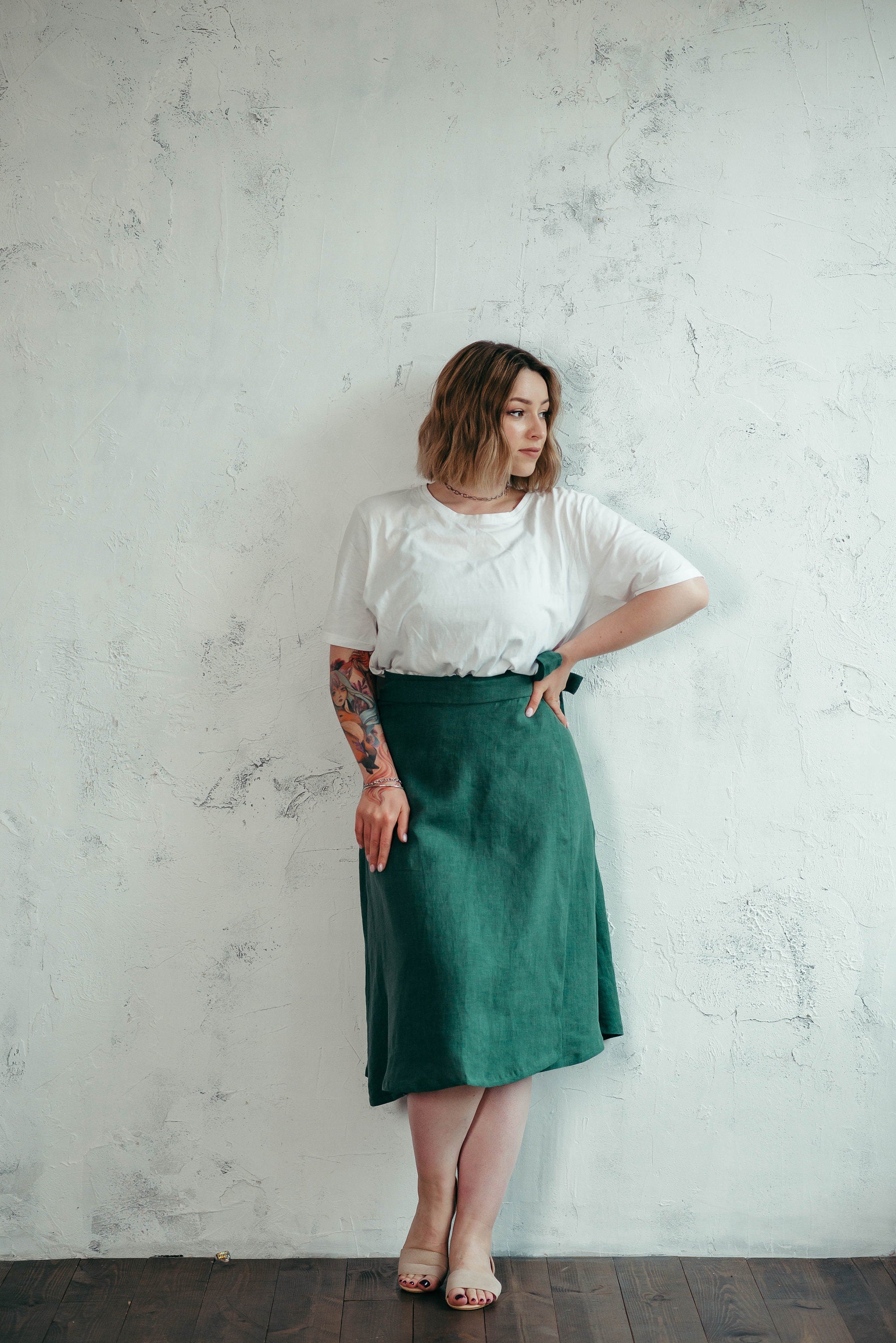 Midi Linen Wrap Skirt | Green
