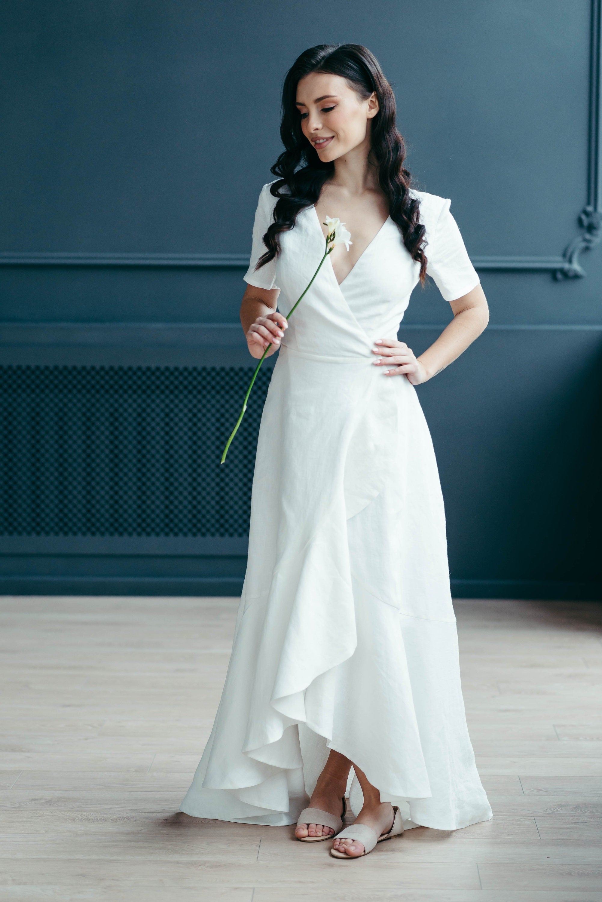 Boho Linen Wrap Wedding Dress | High-Low Skirt