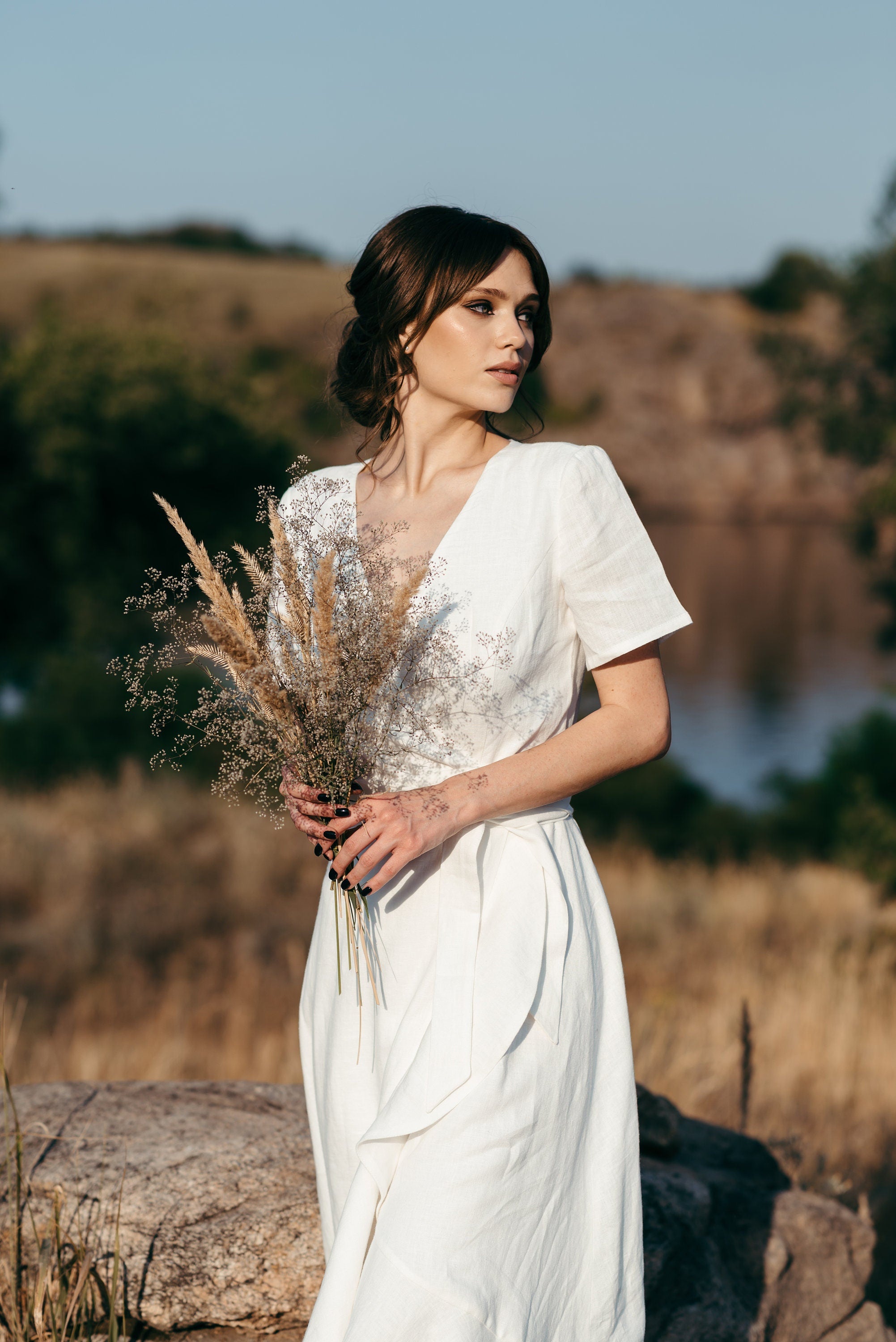Boho Linen Wrap Wedding Dress | High-Low Skirt