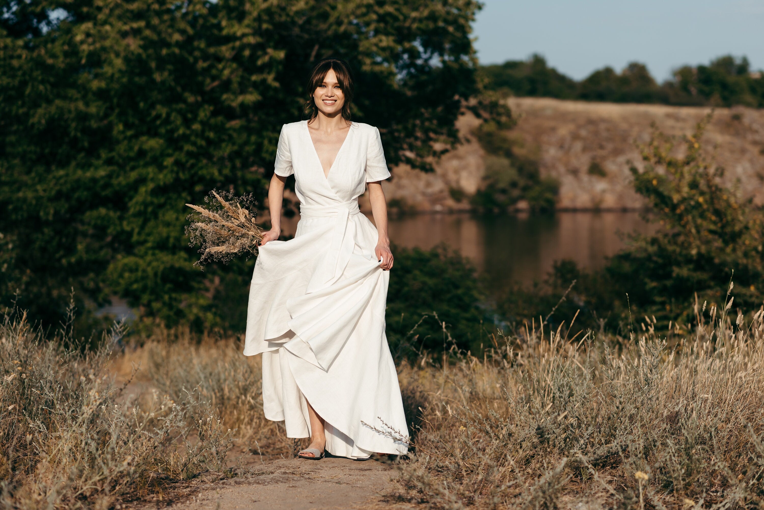 Boho Linen Wrap Wedding Dress | High-Low Skirt