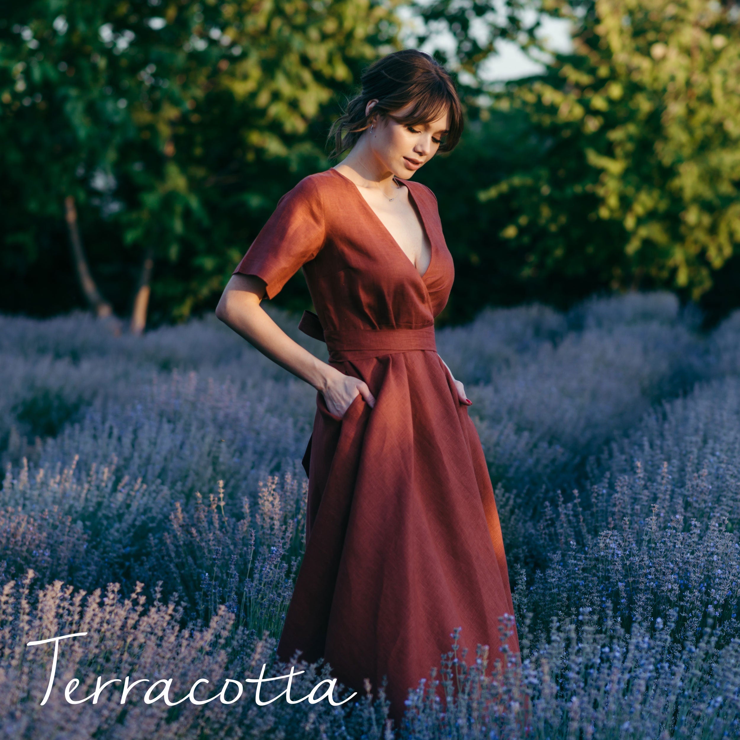 Long Linen Wrap Dress | Terracotta