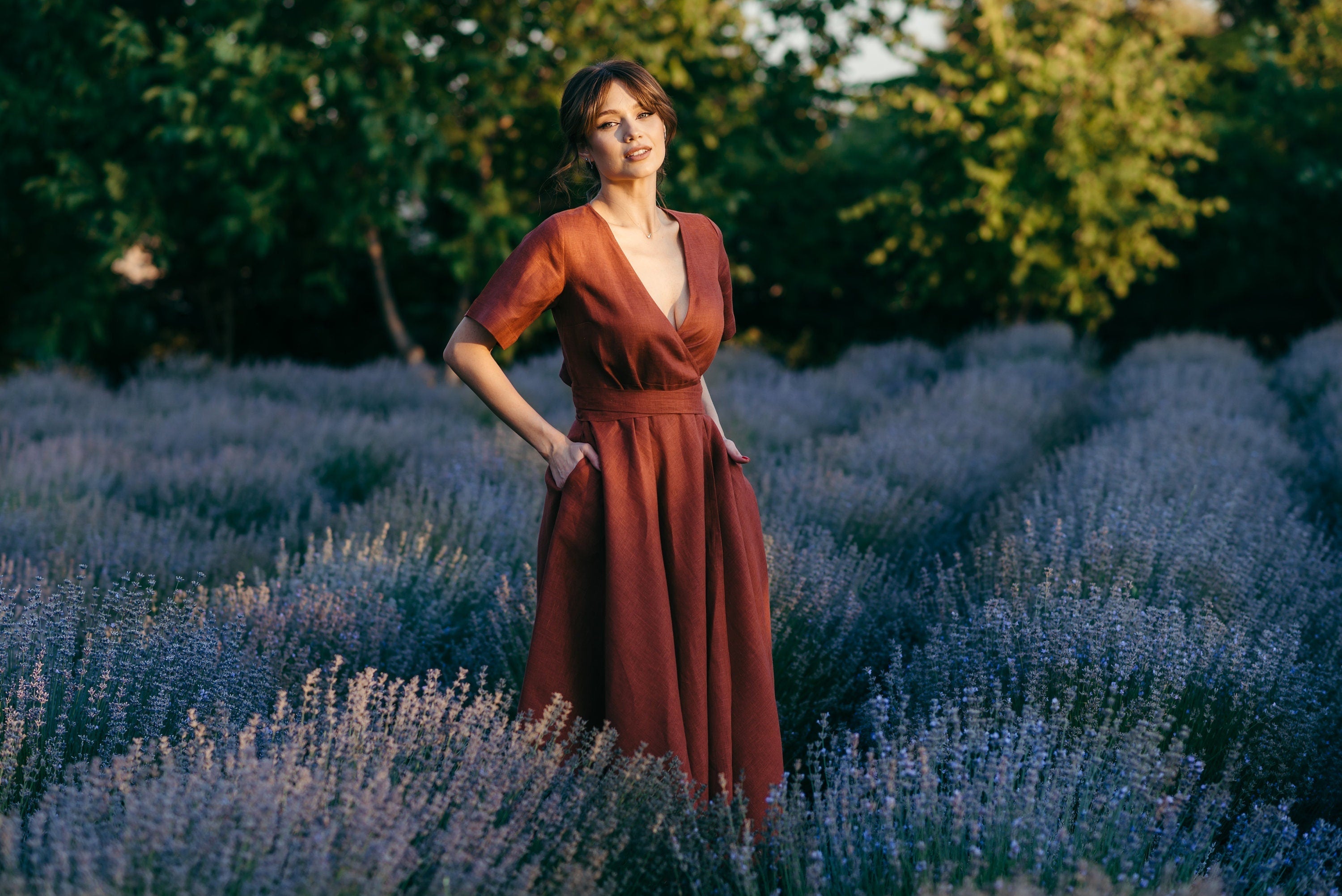 Long Linen Wrap Dress | Terracotta