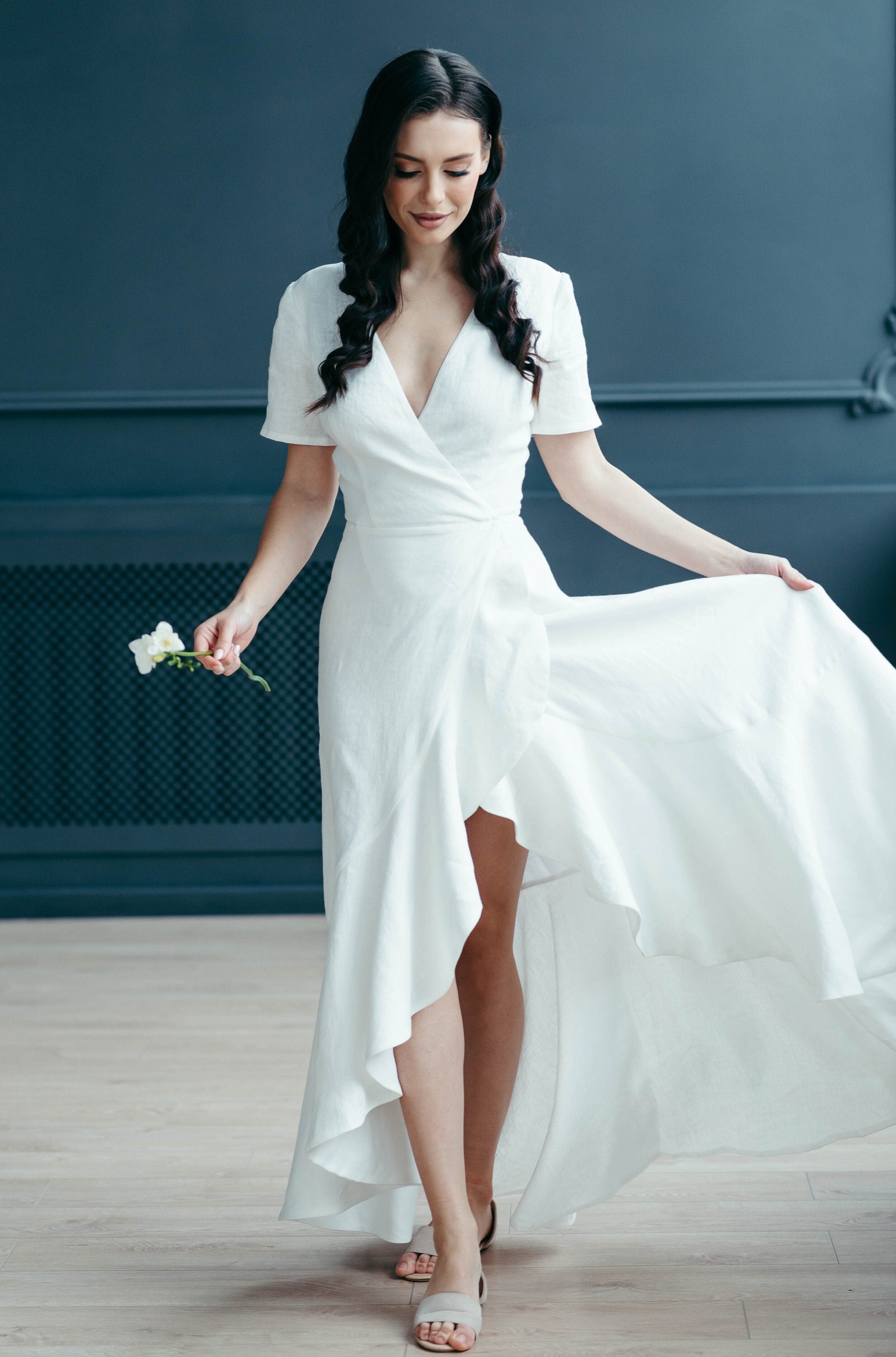 Boho Linen Wrap Wedding Dress | High-Low Skirt