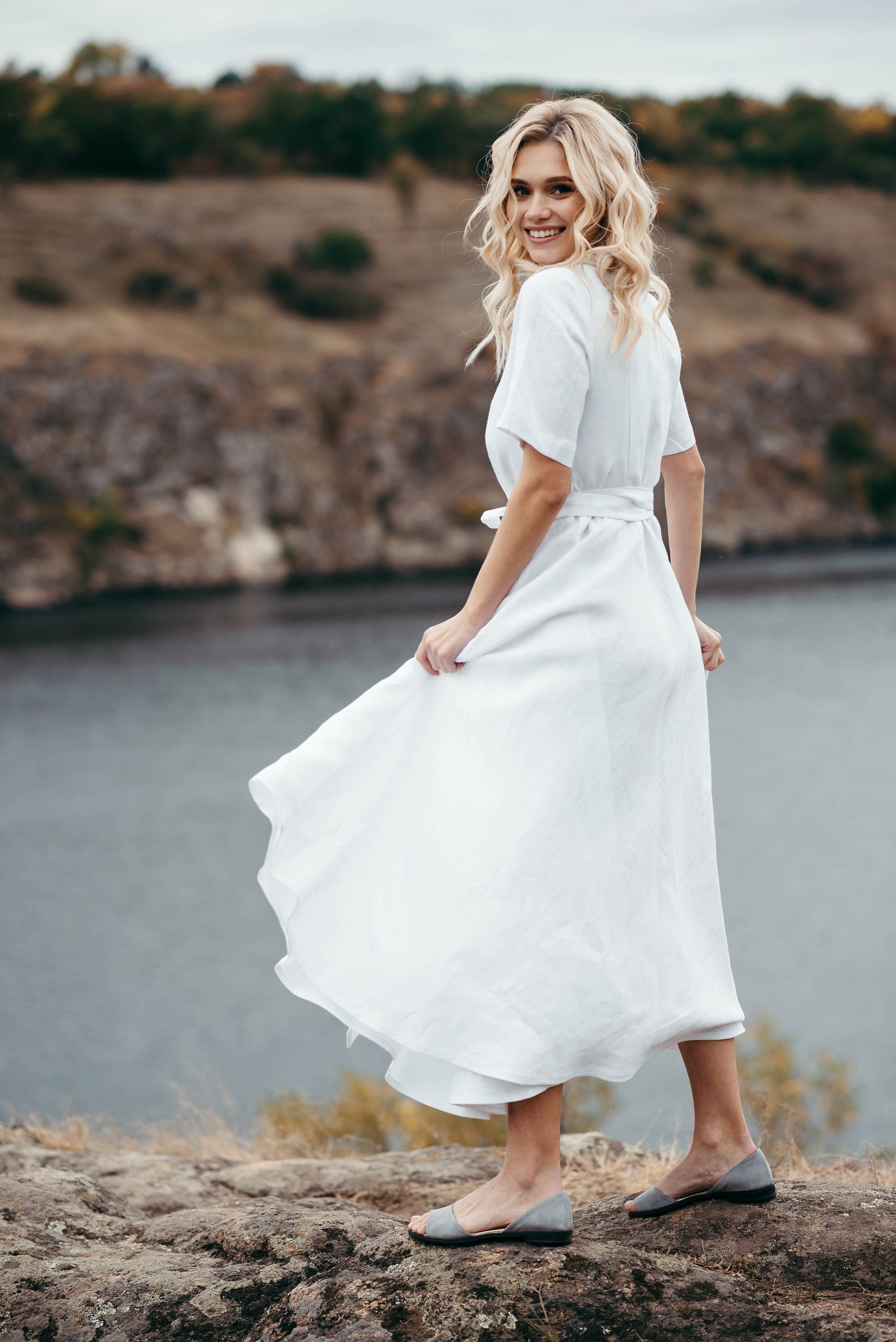 White Linen Wrap Wedding Dress | Long Sleeve