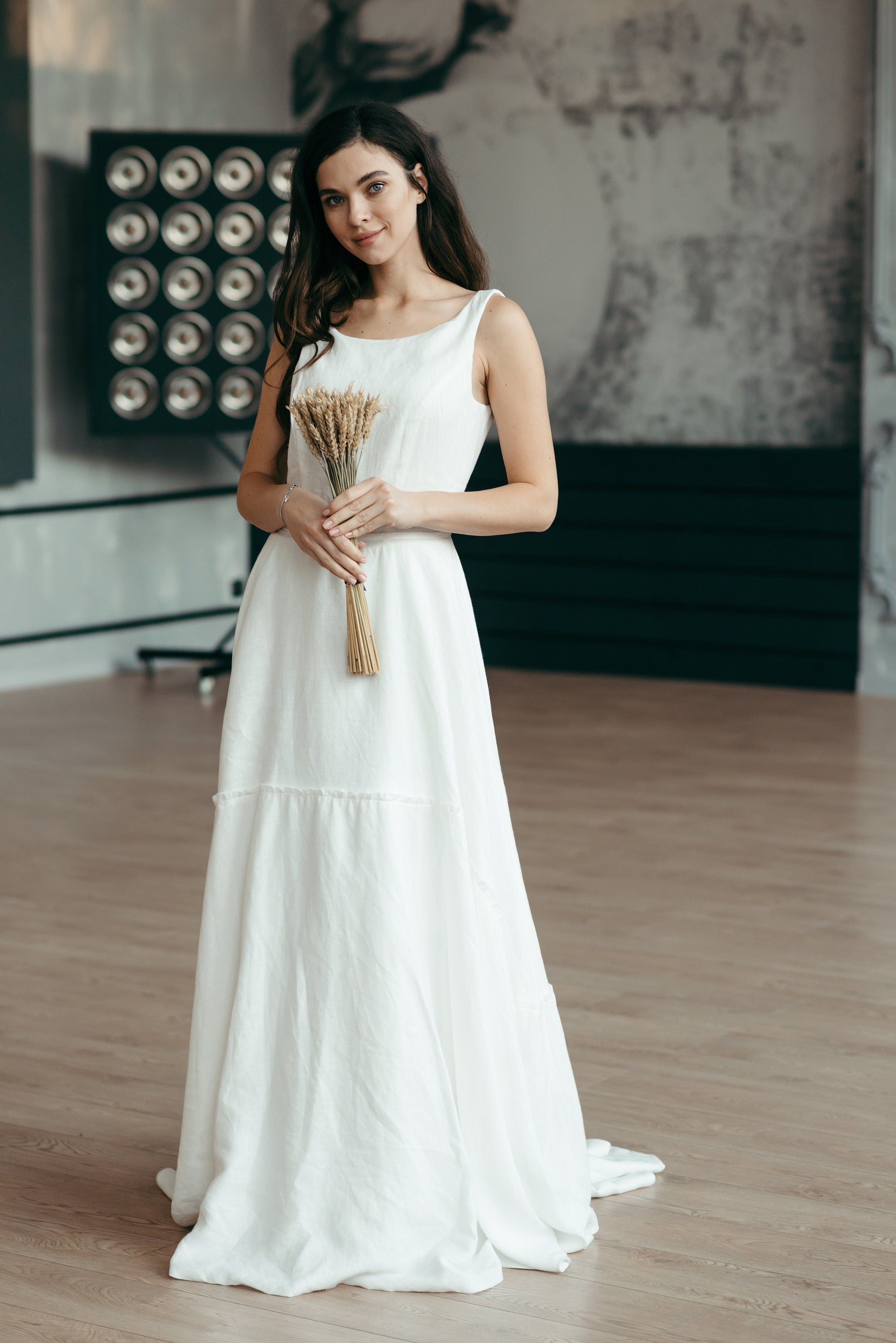 White Linen Wedding Dress with Train