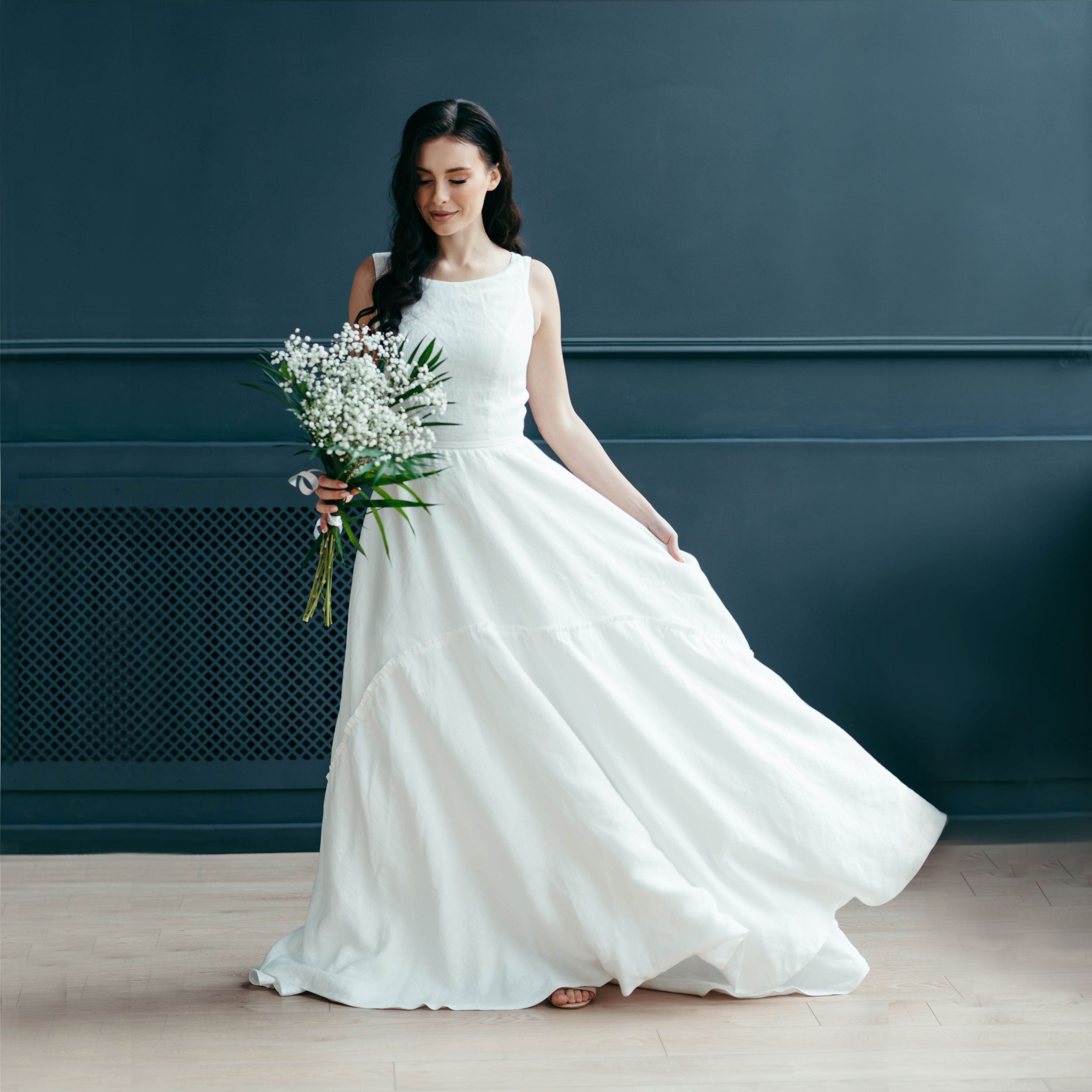 White Linen Wedding Dress with Train