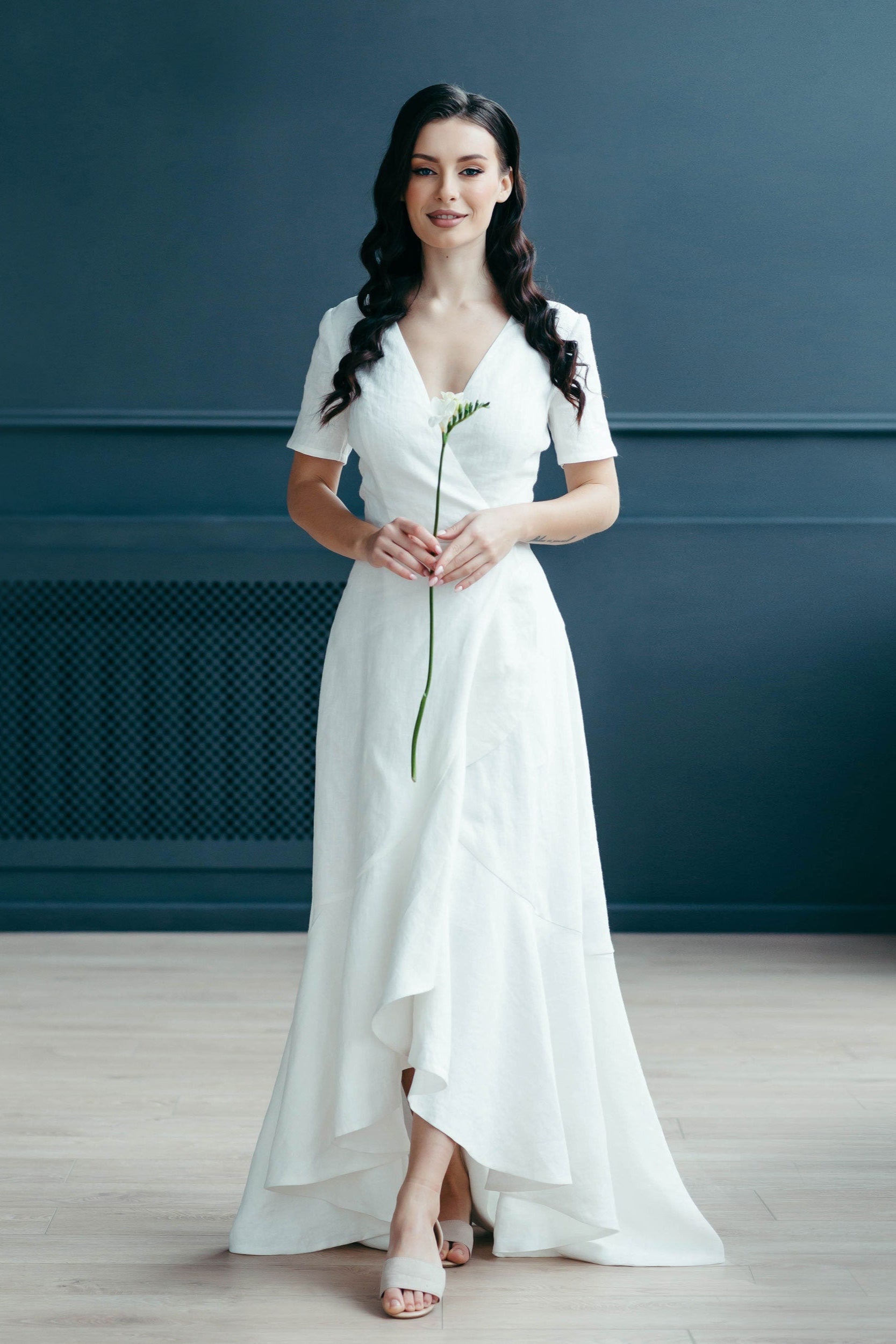 Boho Linen Wrap Wedding Dress | High-Low Skirt