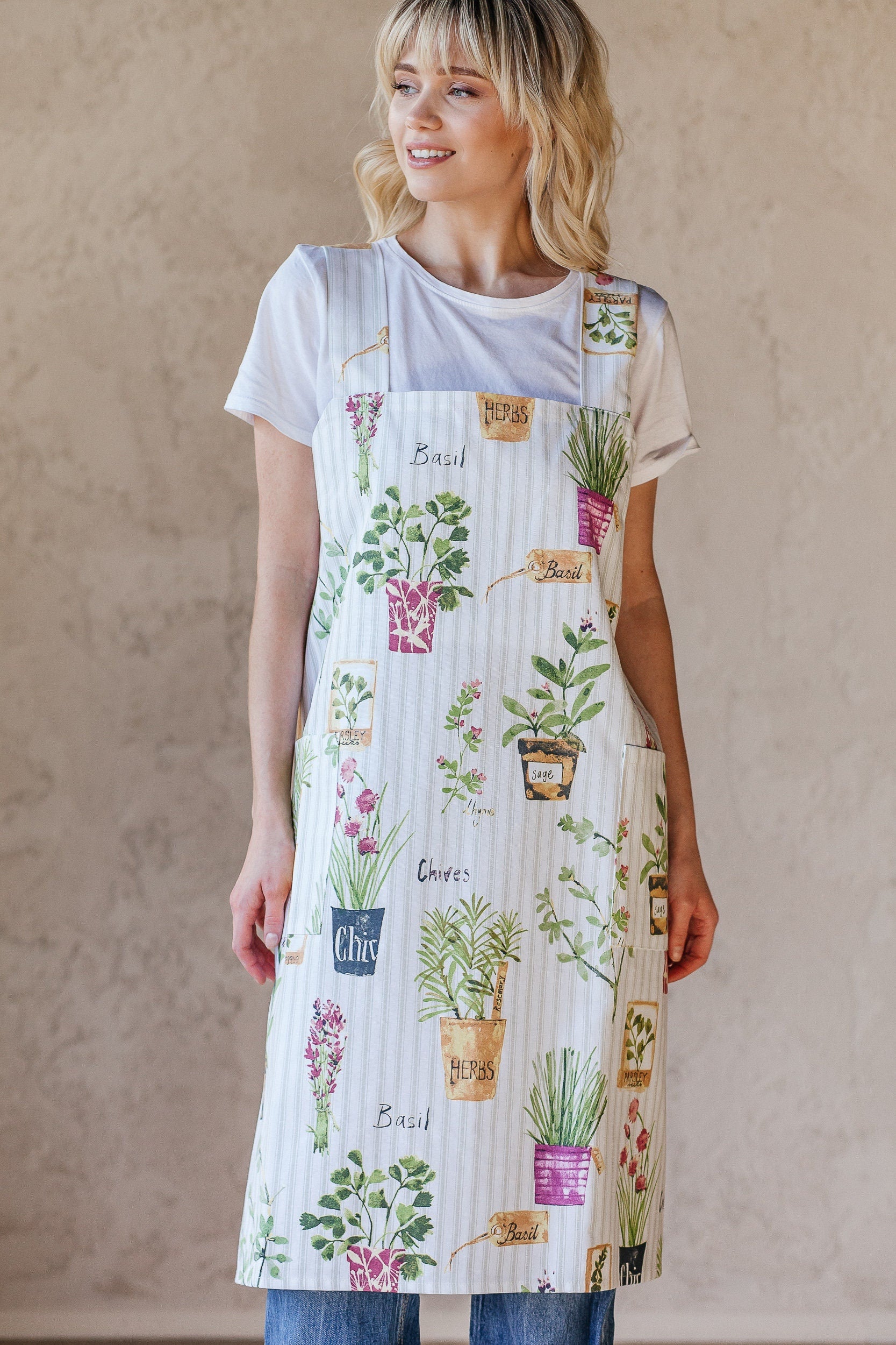 Printed Cotton Pinafore Apron | Herb Pots