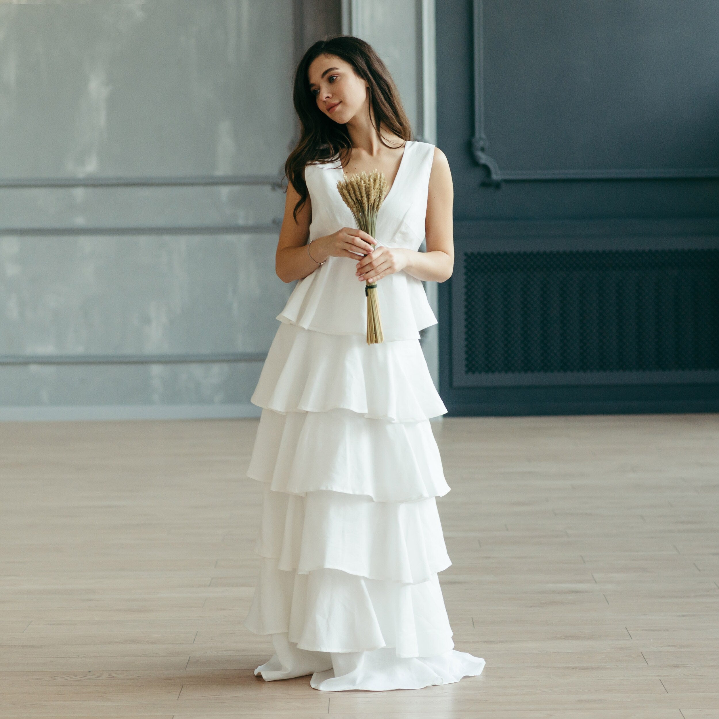 Tiered Linen Wedding Dress