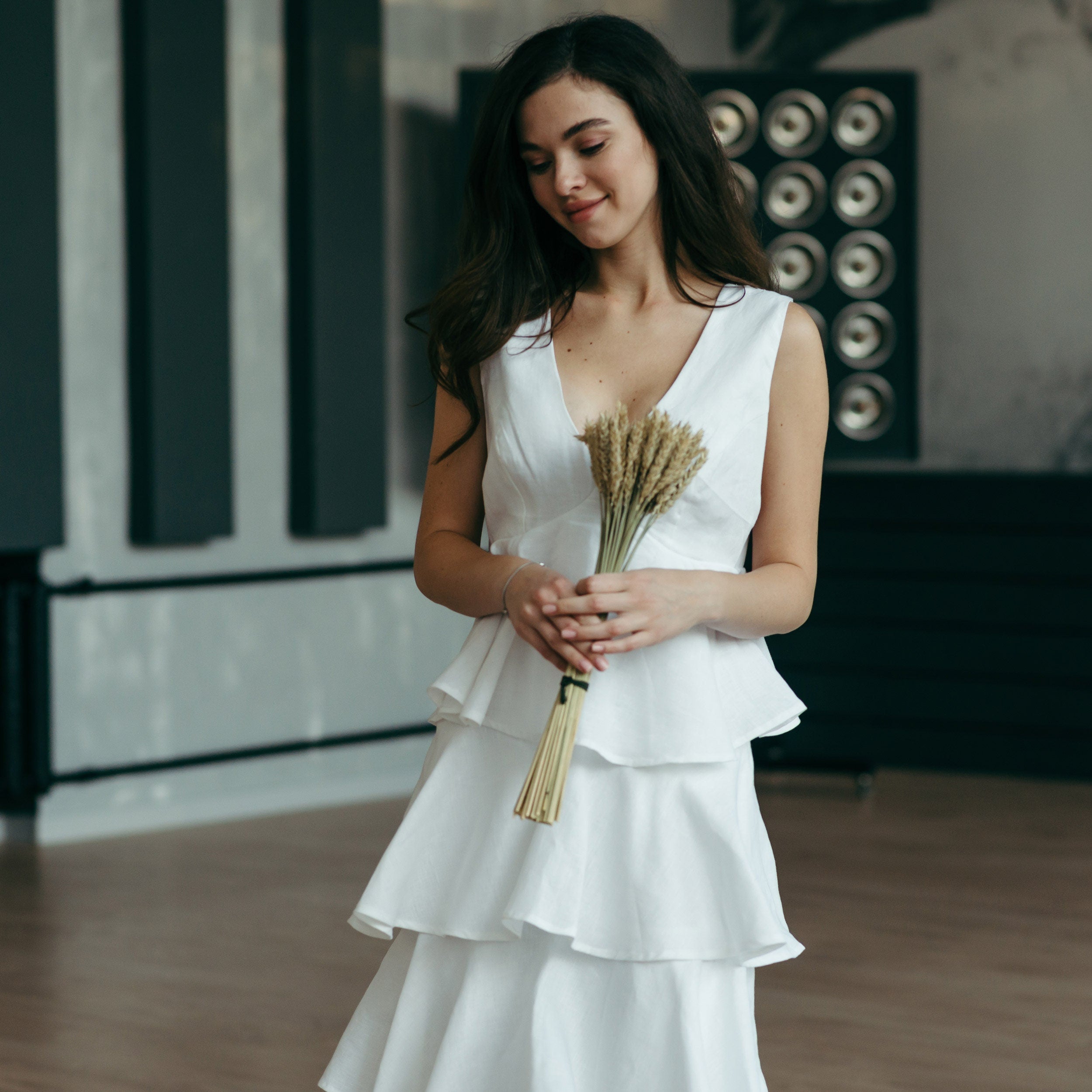 Tiered Linen Wedding Dress