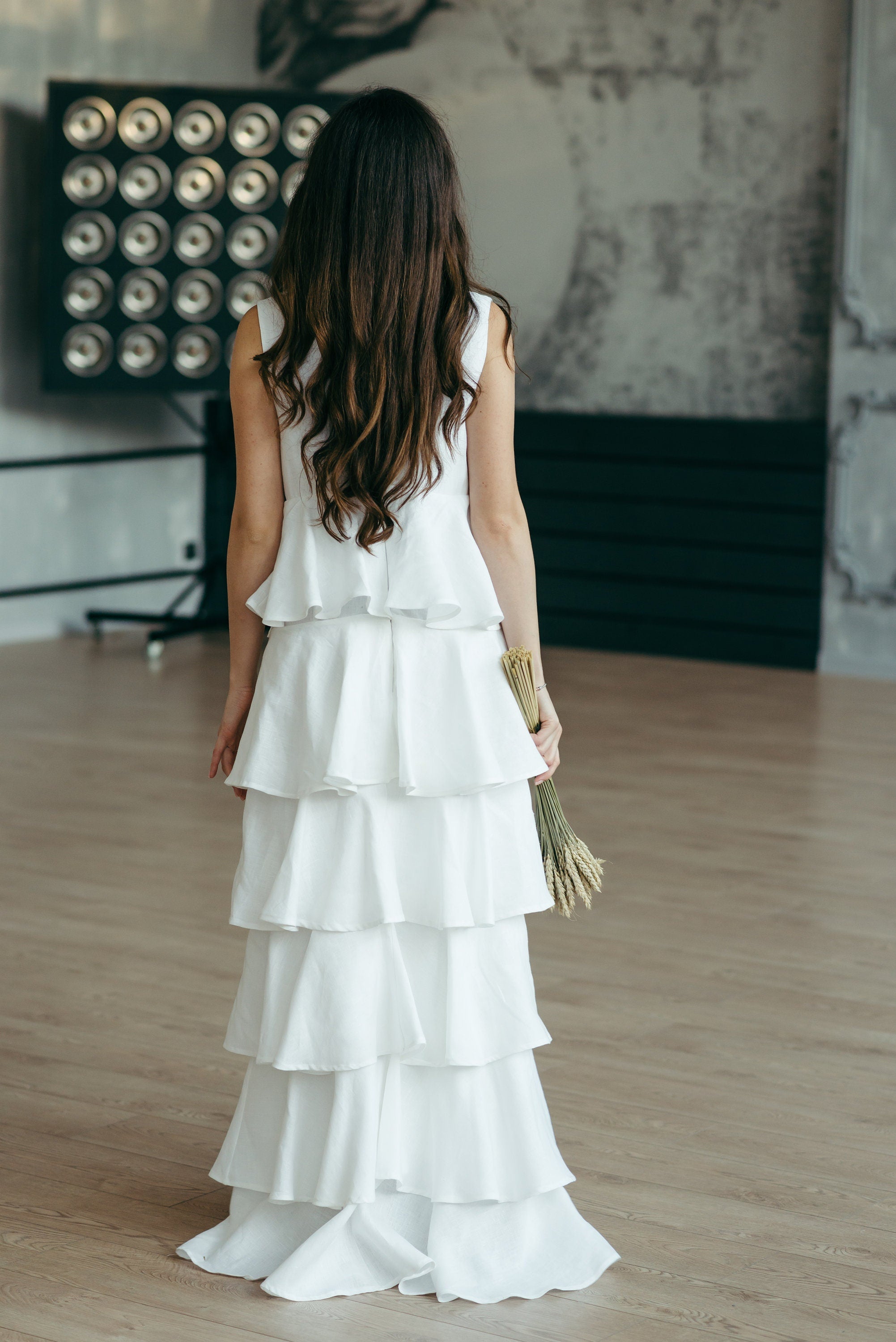 Tiered Linen Wedding Dress