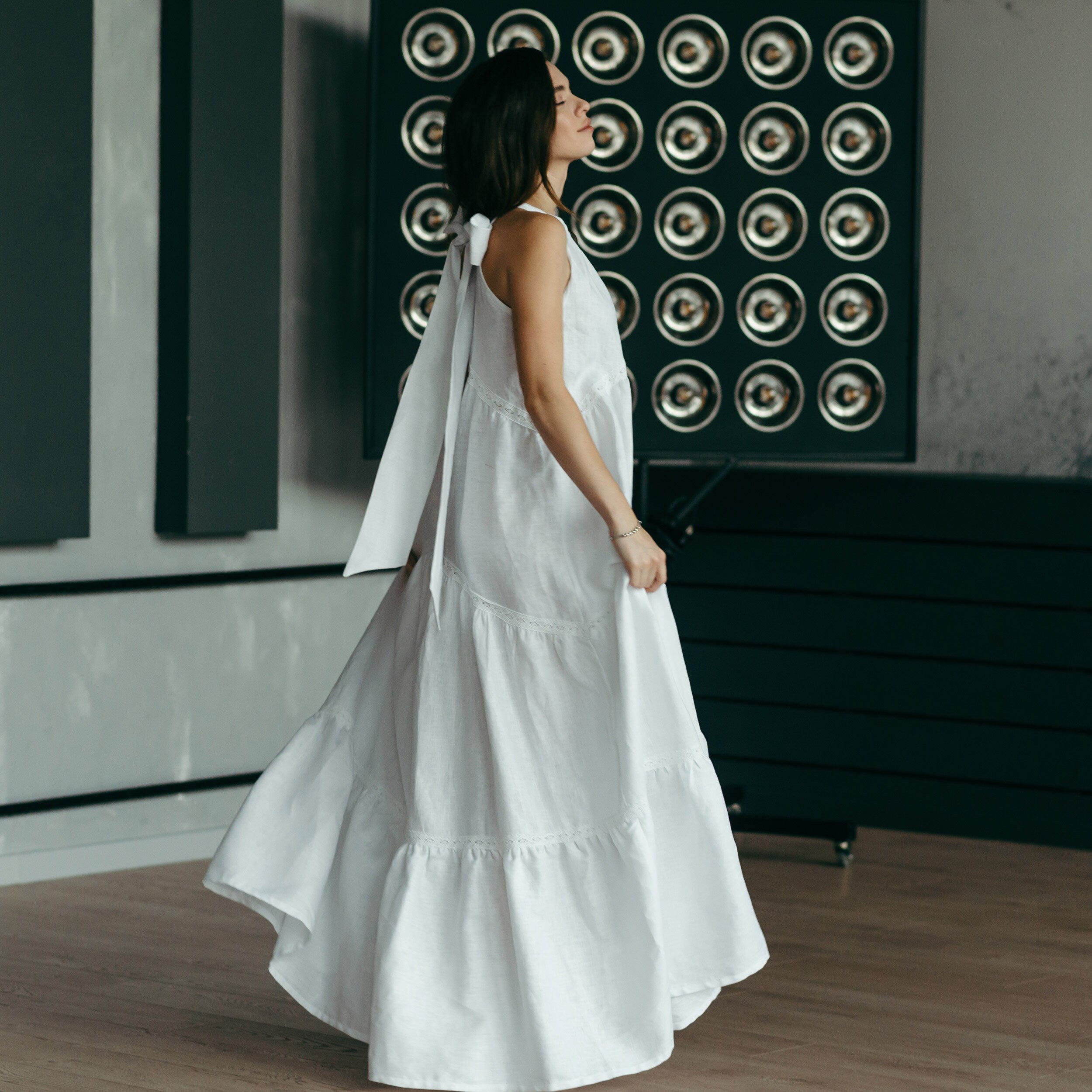 Tiered Linen Wedding Dress with Lace