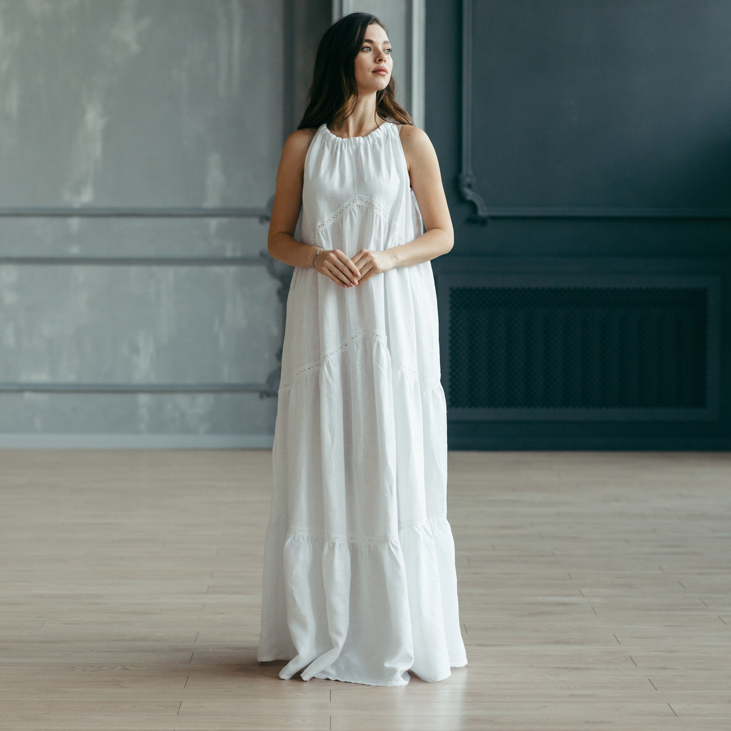 Tiered Linen Wedding Dress with Lace