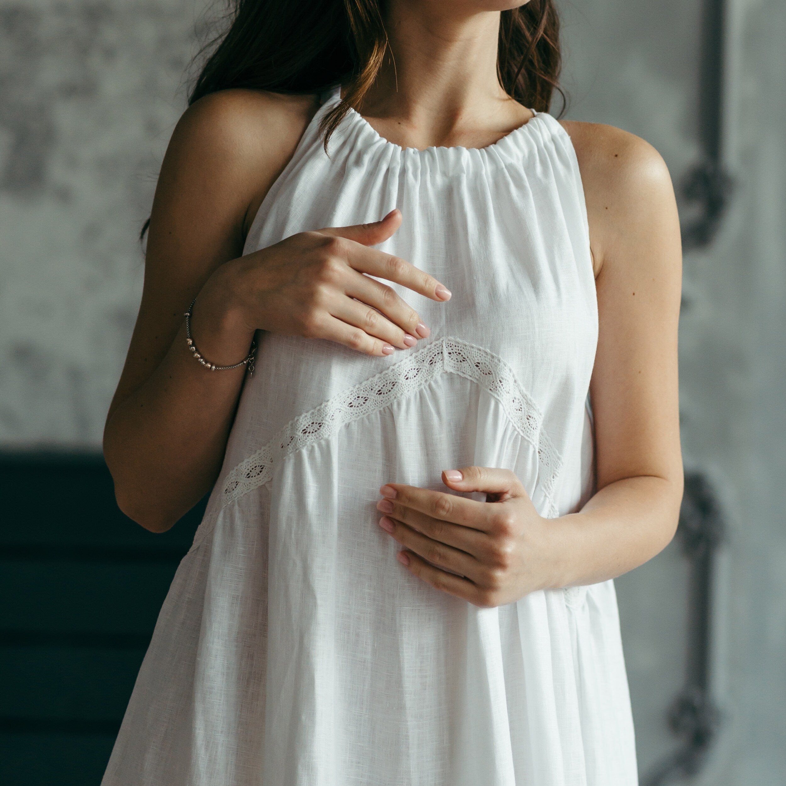 Tiered Linen Wedding Dress with Lace