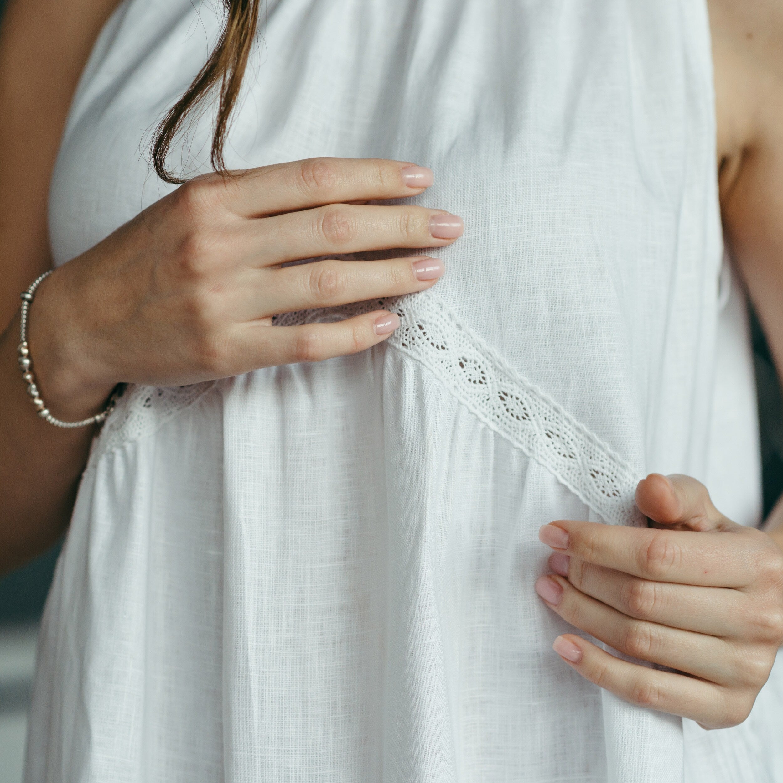Tiered Linen Wedding Dress with Lace