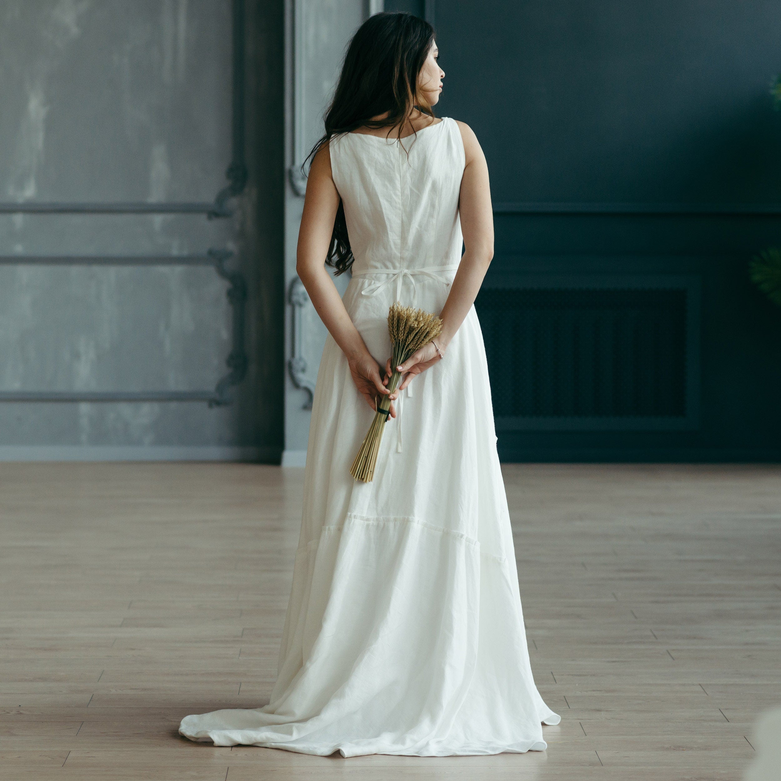 White Linen Wedding Dress with Train
