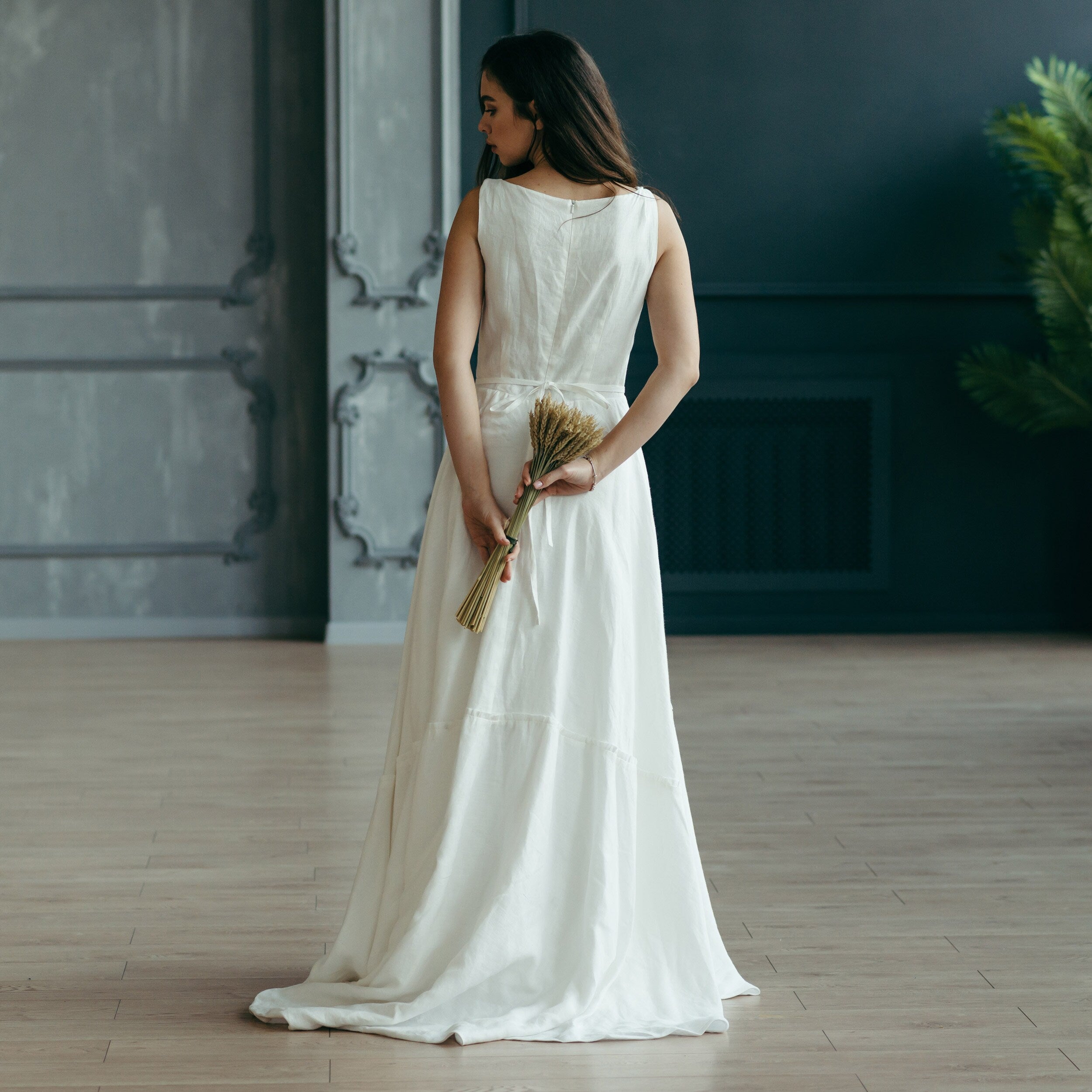 White Linen Wedding Dress with Train