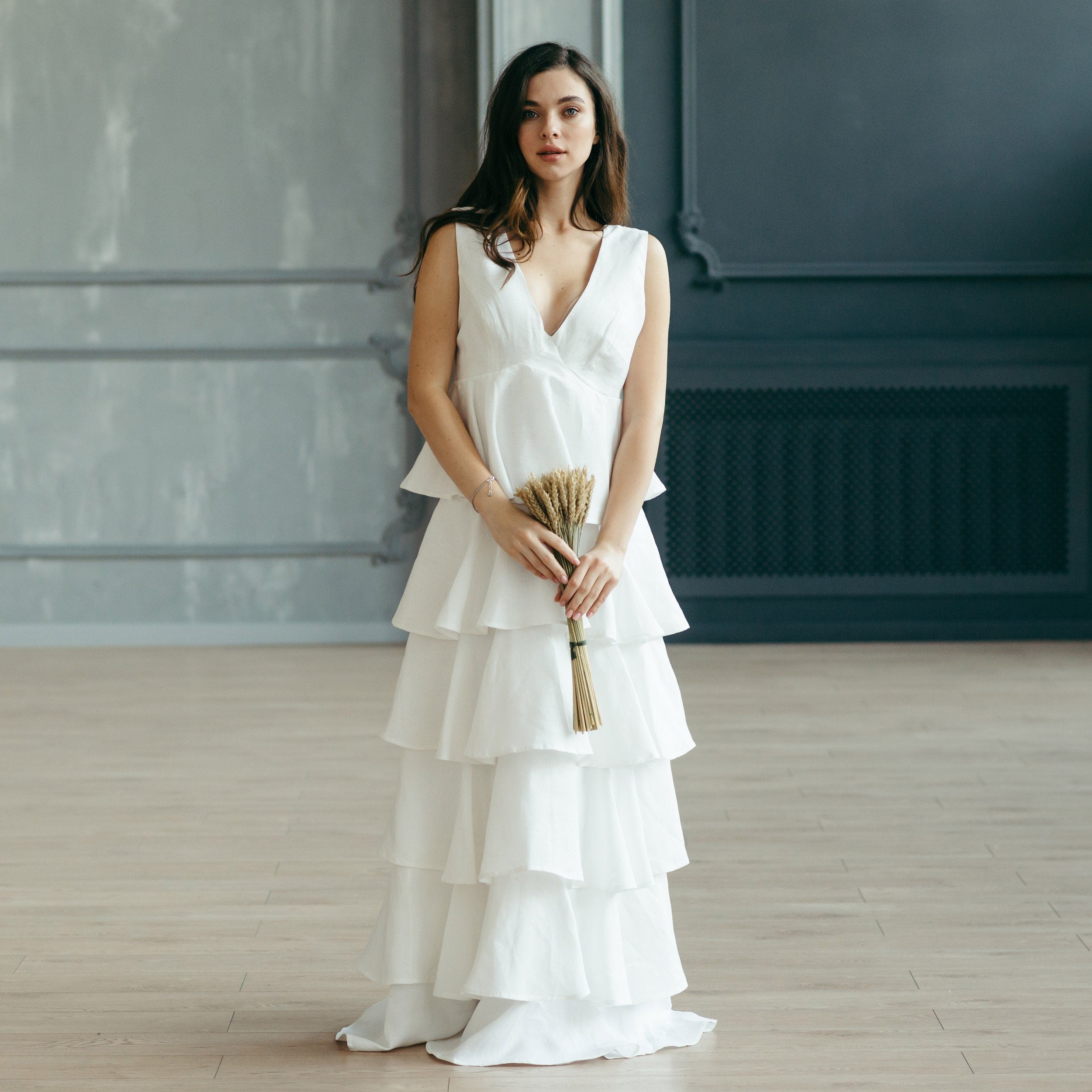 Tiered Linen Wedding Dress