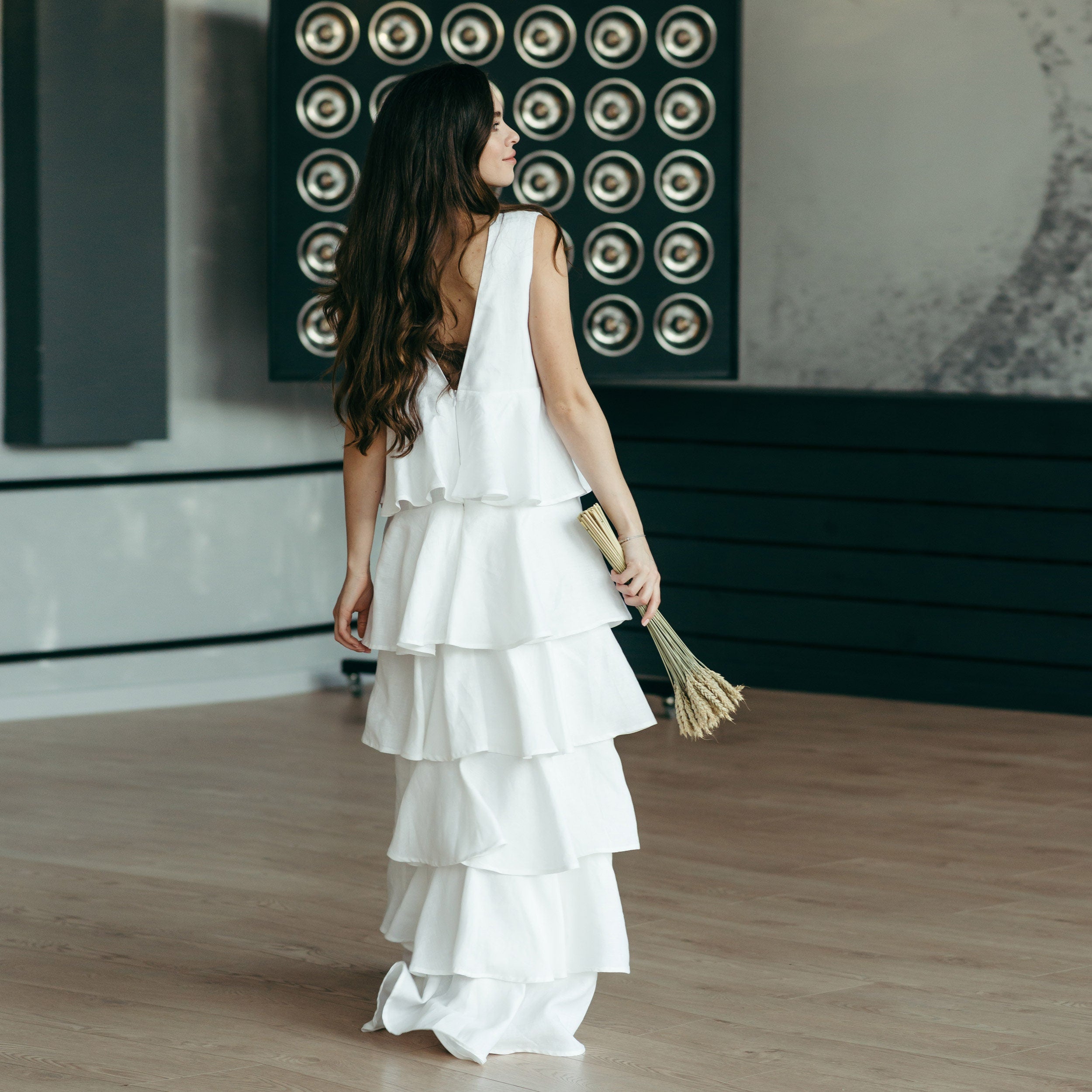 Tiered Linen Wedding Dress