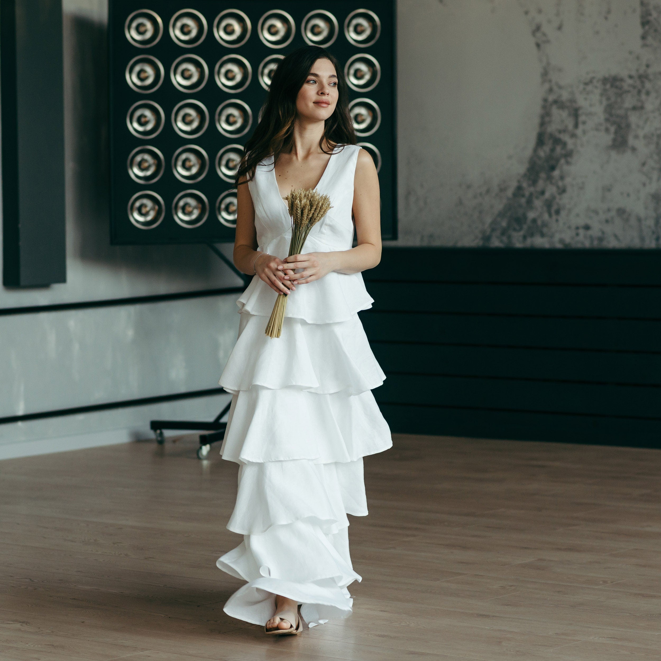 Tiered Linen Wedding Dress