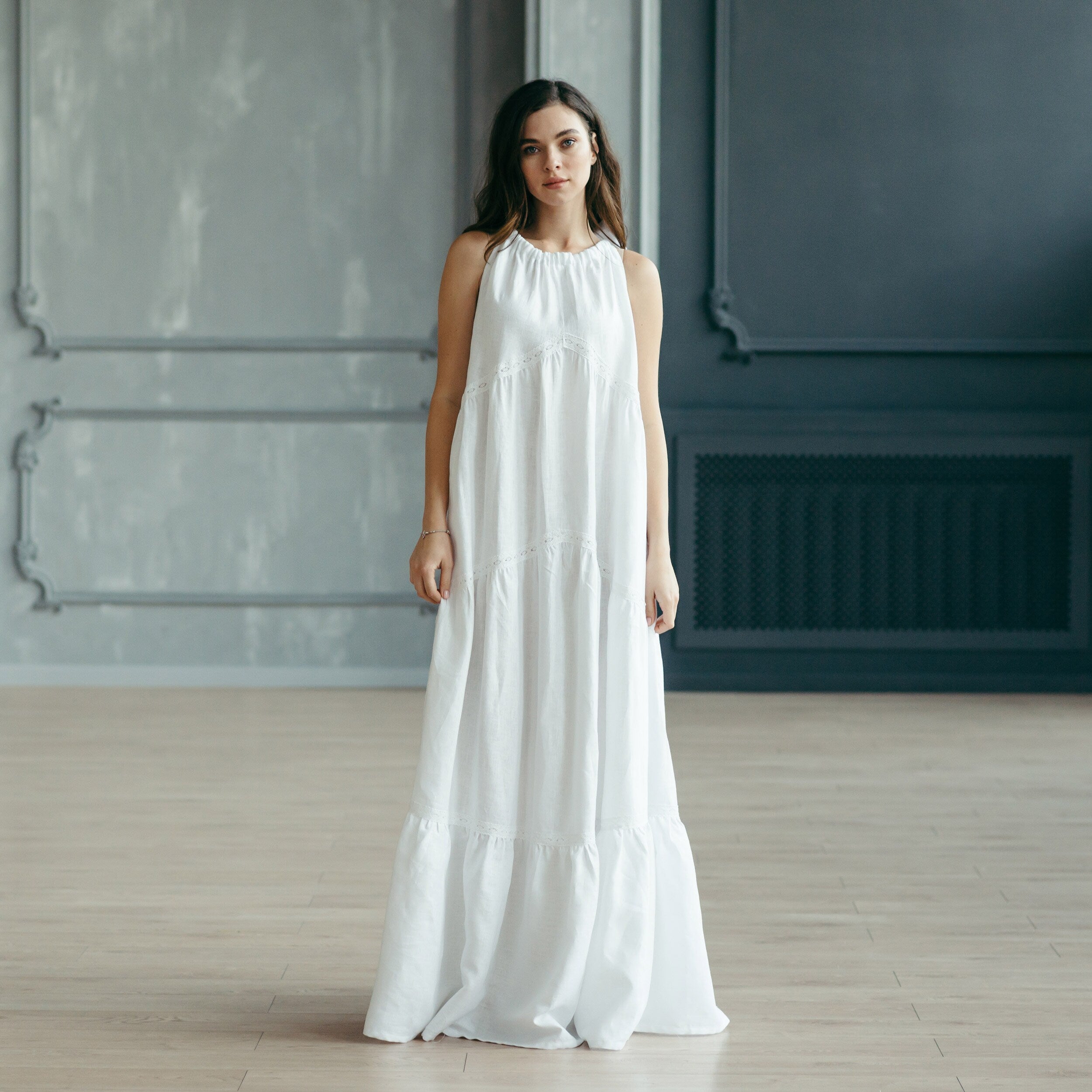 Tiered Linen Wedding Dress with Lace