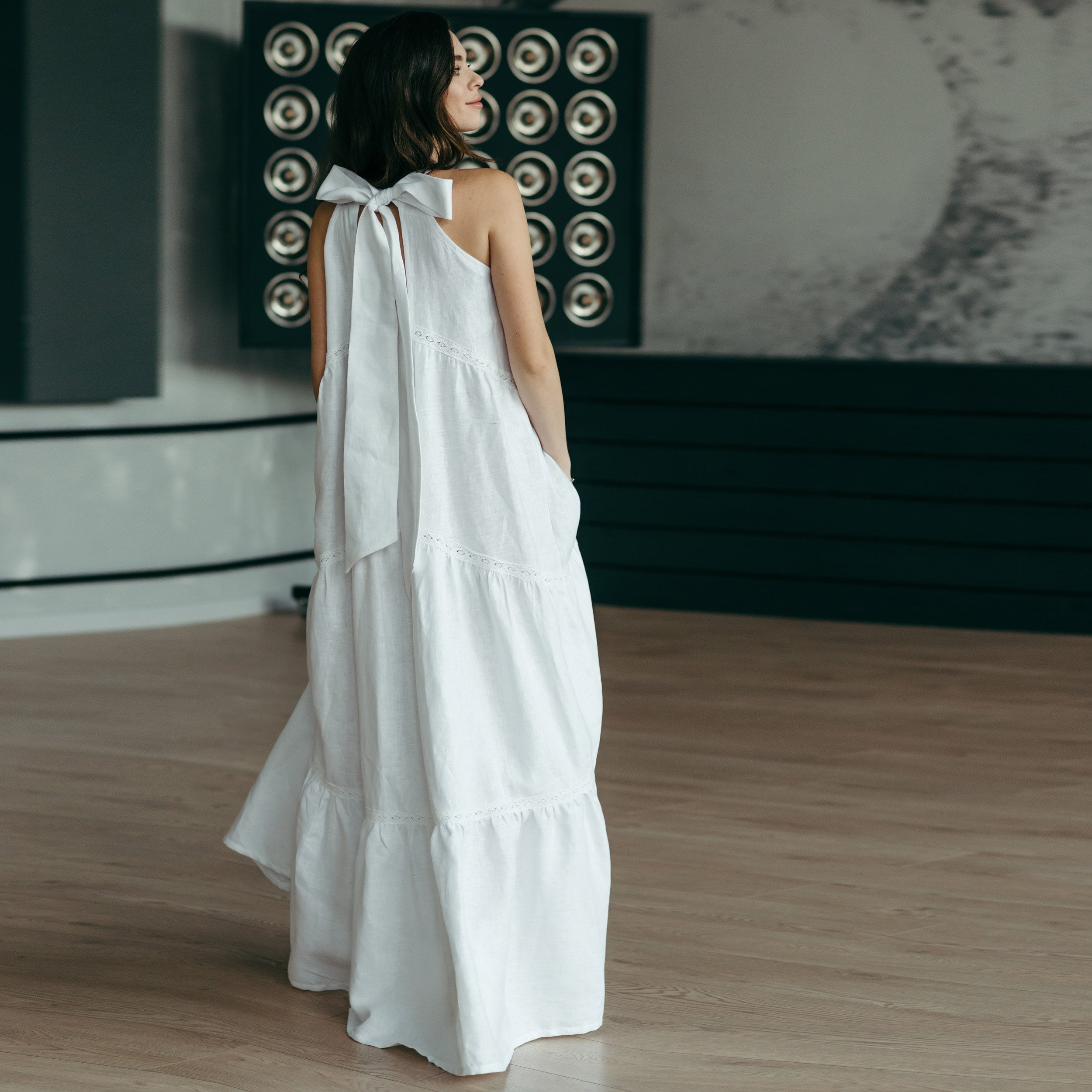 Tiered Linen Wedding Dress with Lace