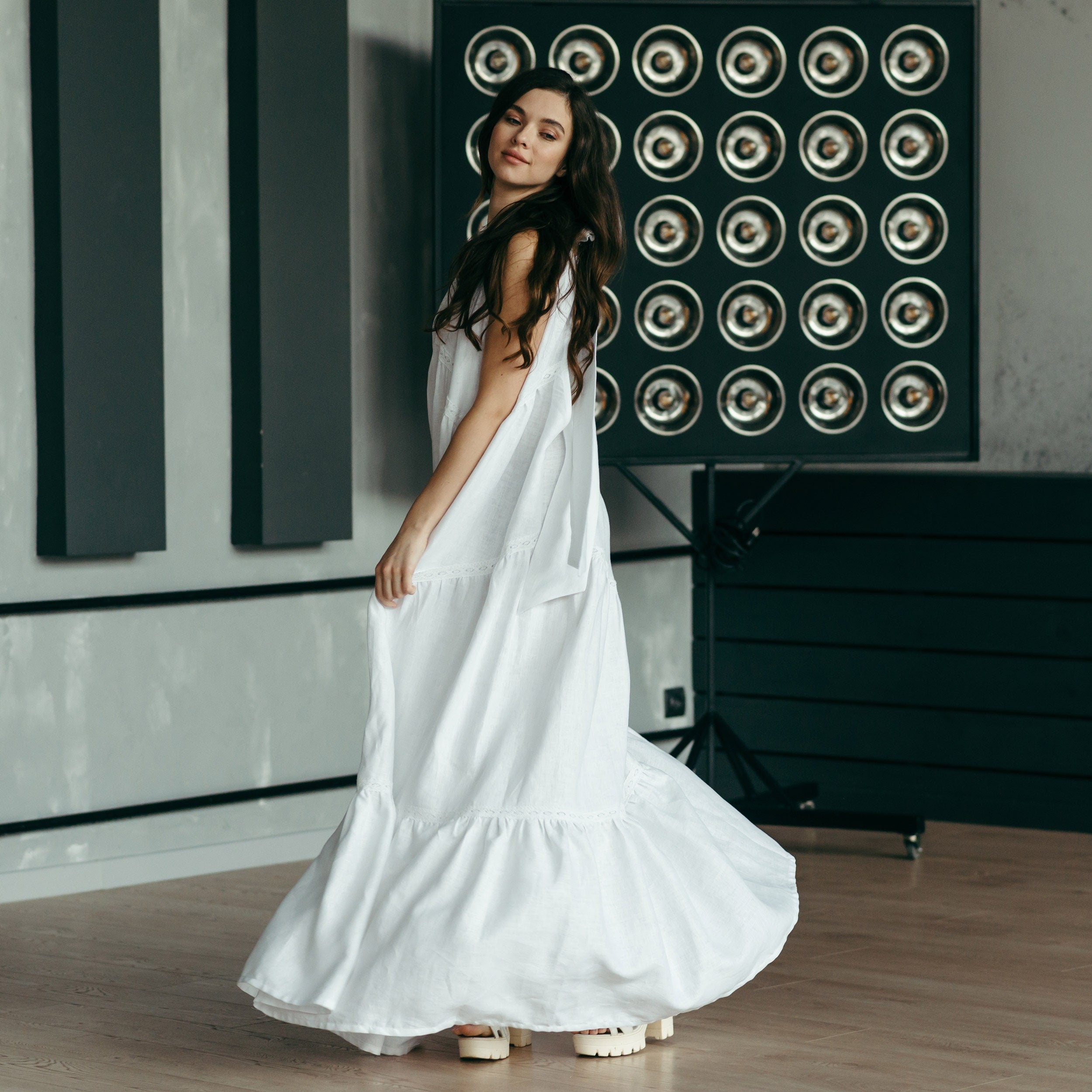 Tiered Linen Wedding Dress with Lace