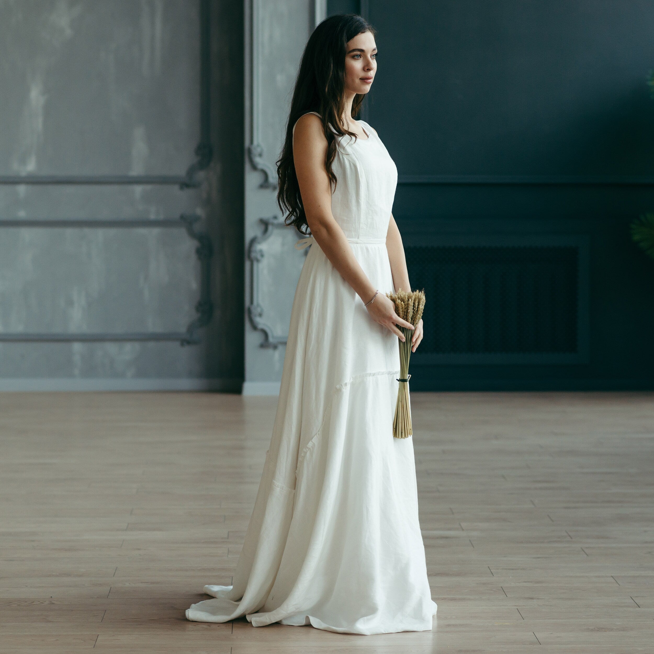 White Linen Wedding Dress with Train