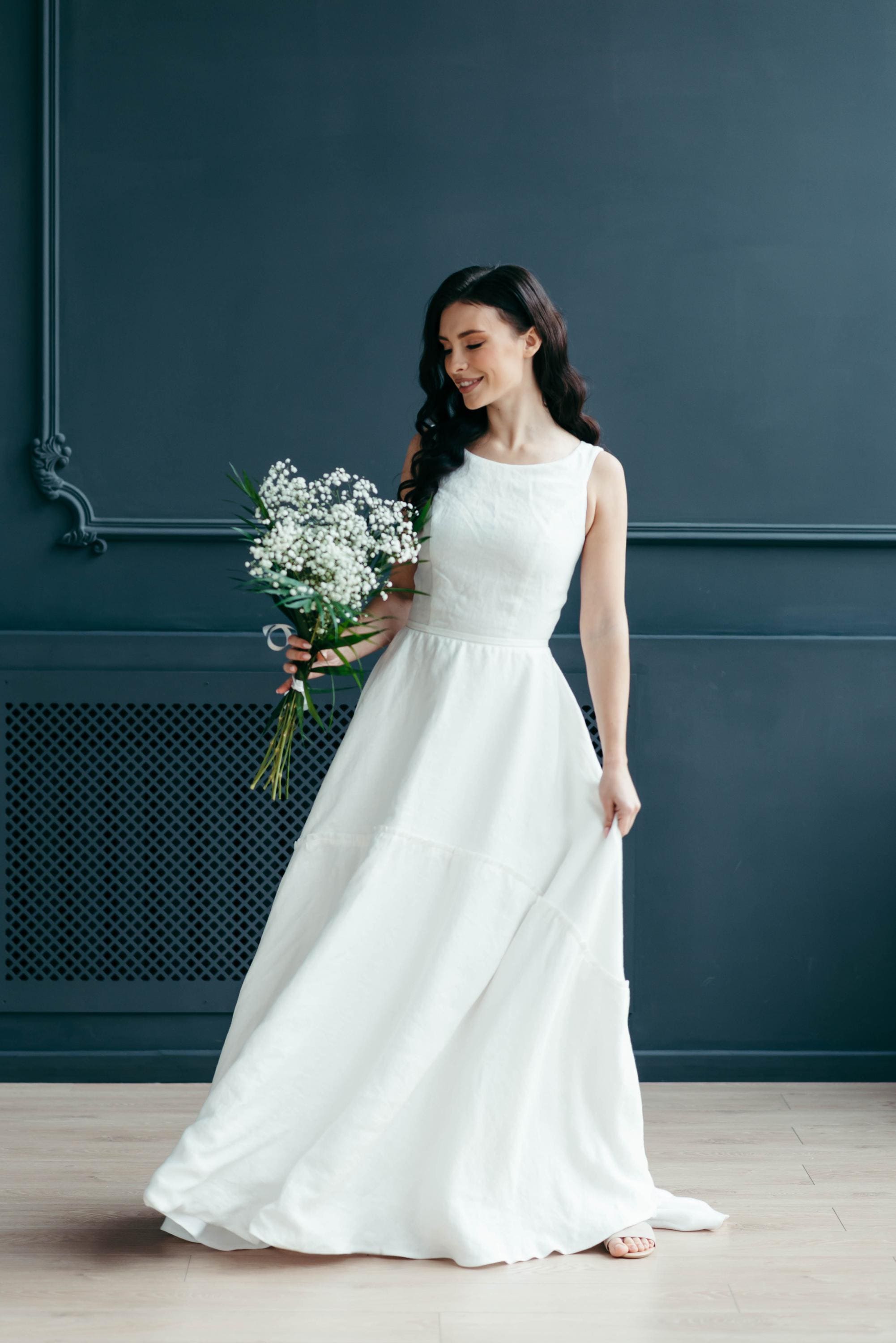 White Linen Wedding Dress with Train