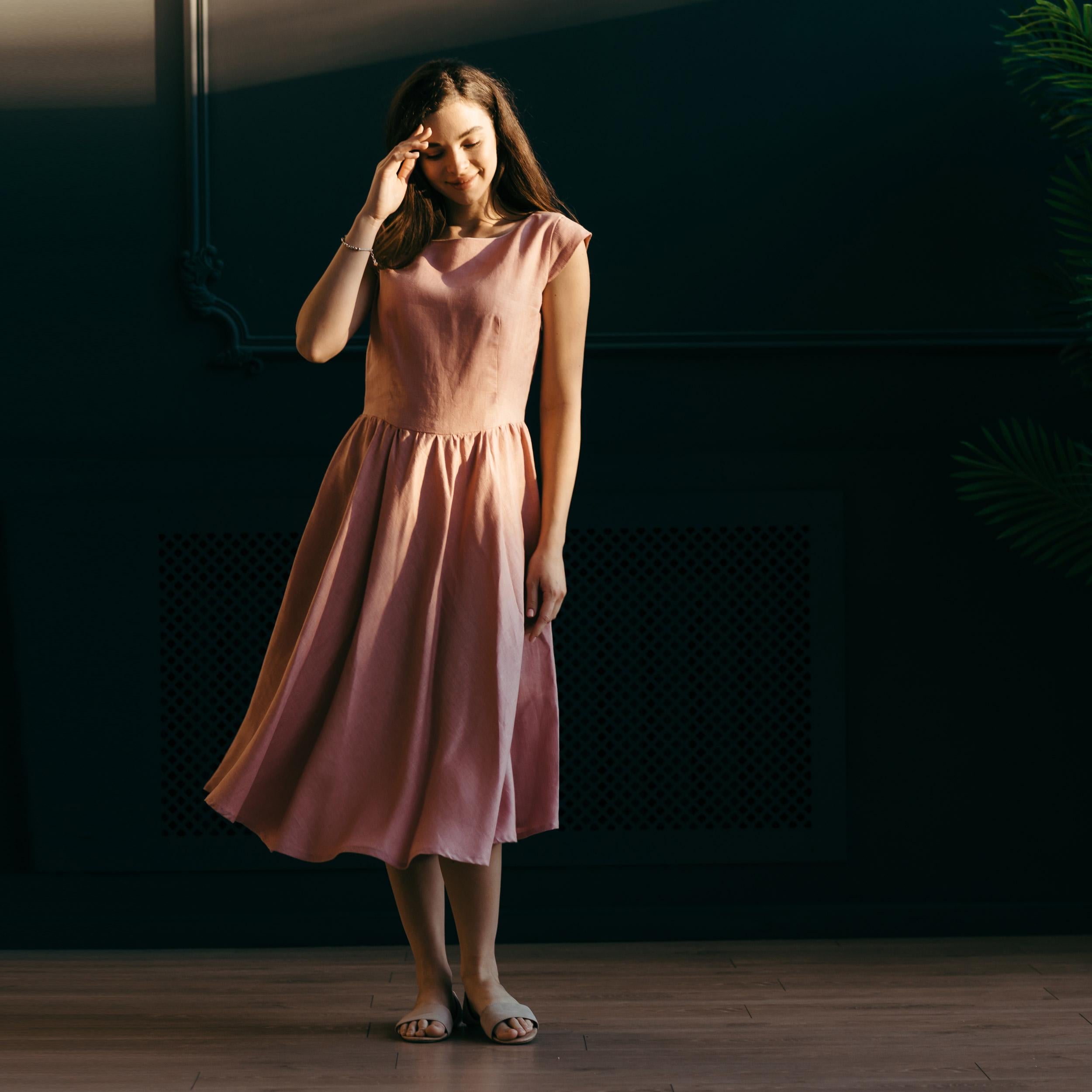 Linen Fit-and-Flare Midi Dress