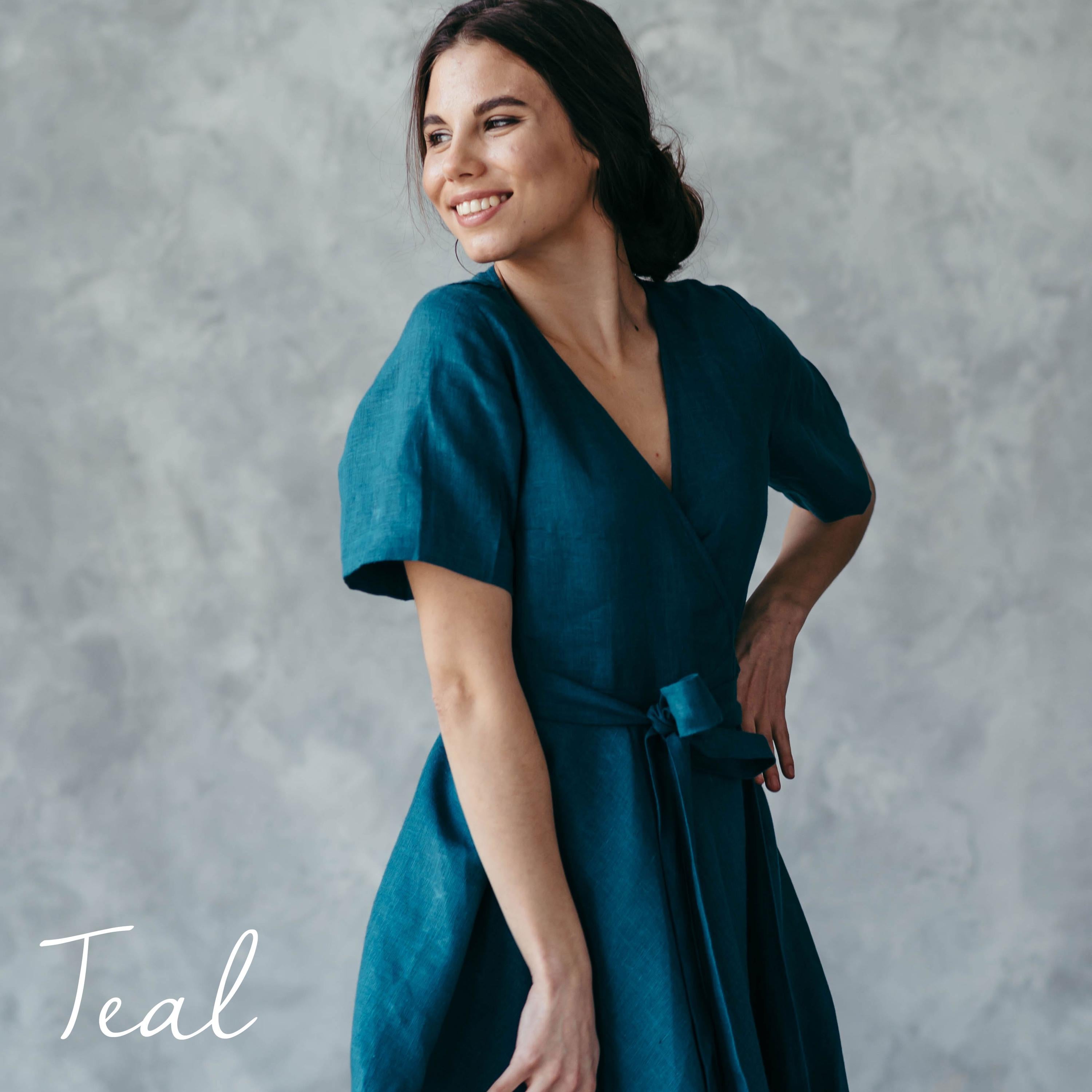 Natural Linen Wrap Dress | Navy