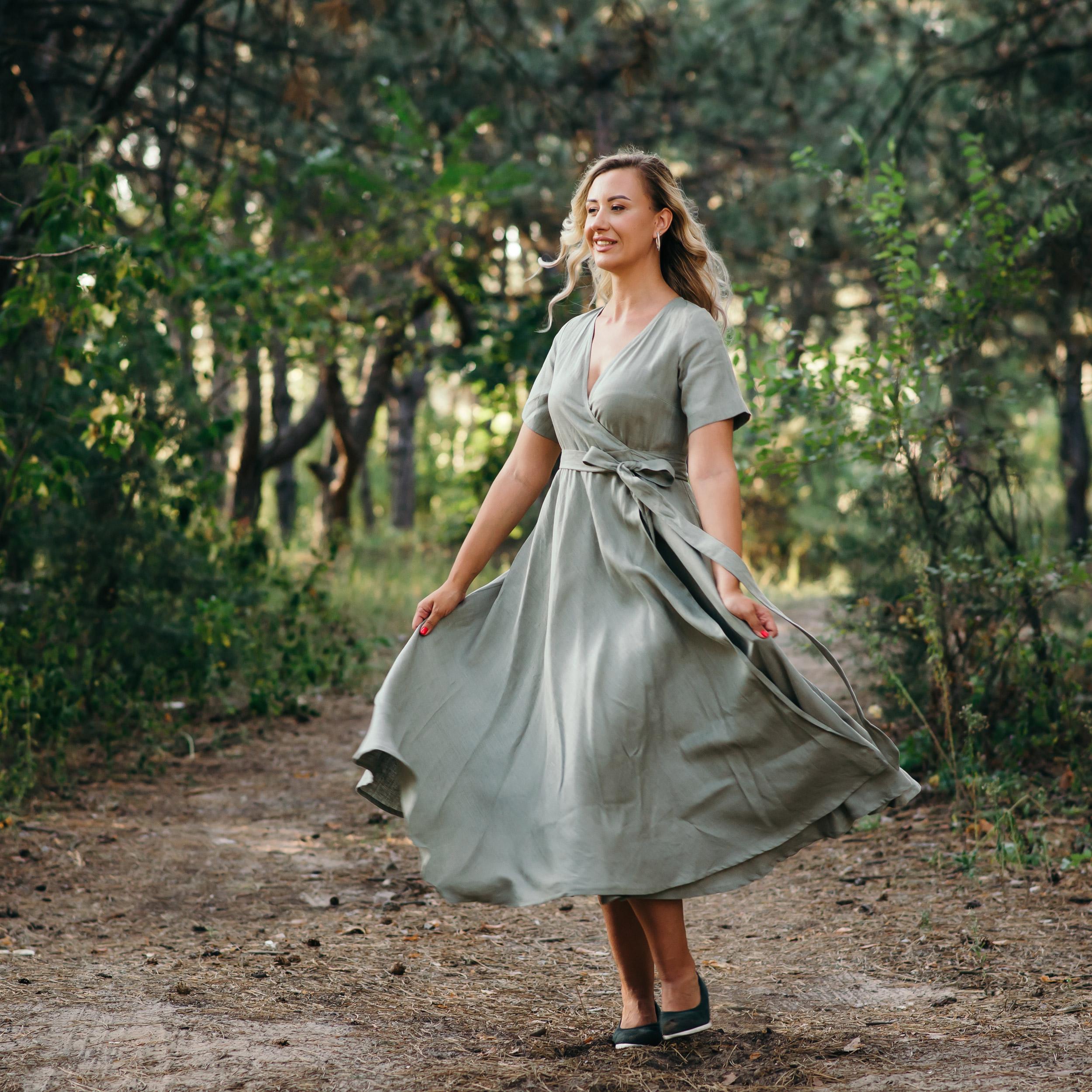 Long Linen Wrap Dress | Eucalyptus