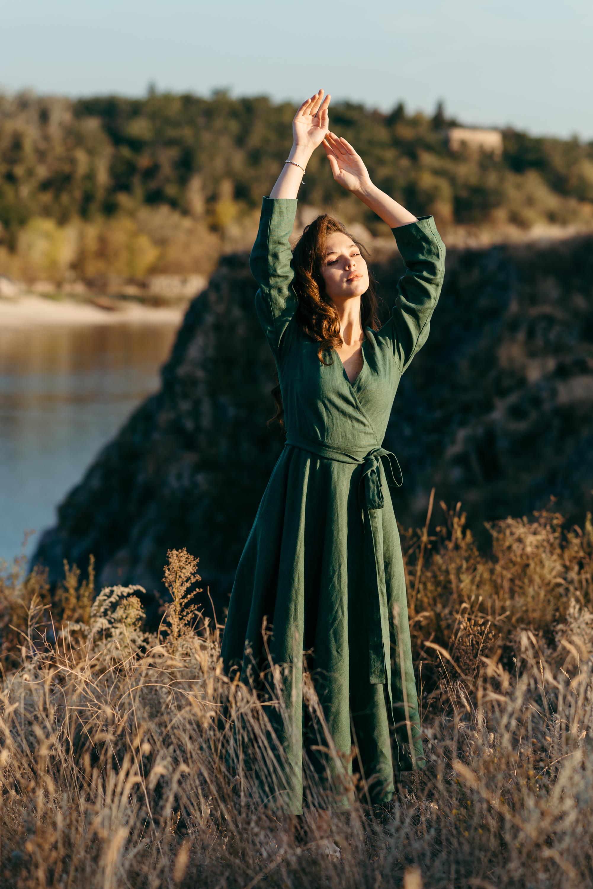 Long Sleeve Linen Wrap Dress | Green