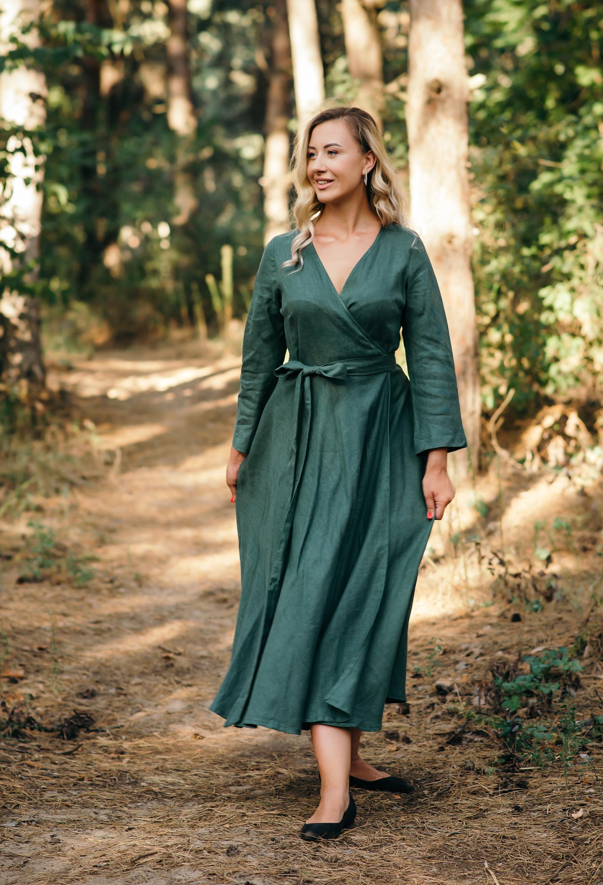 Long Sleeve Linen Wrap Dress | Green