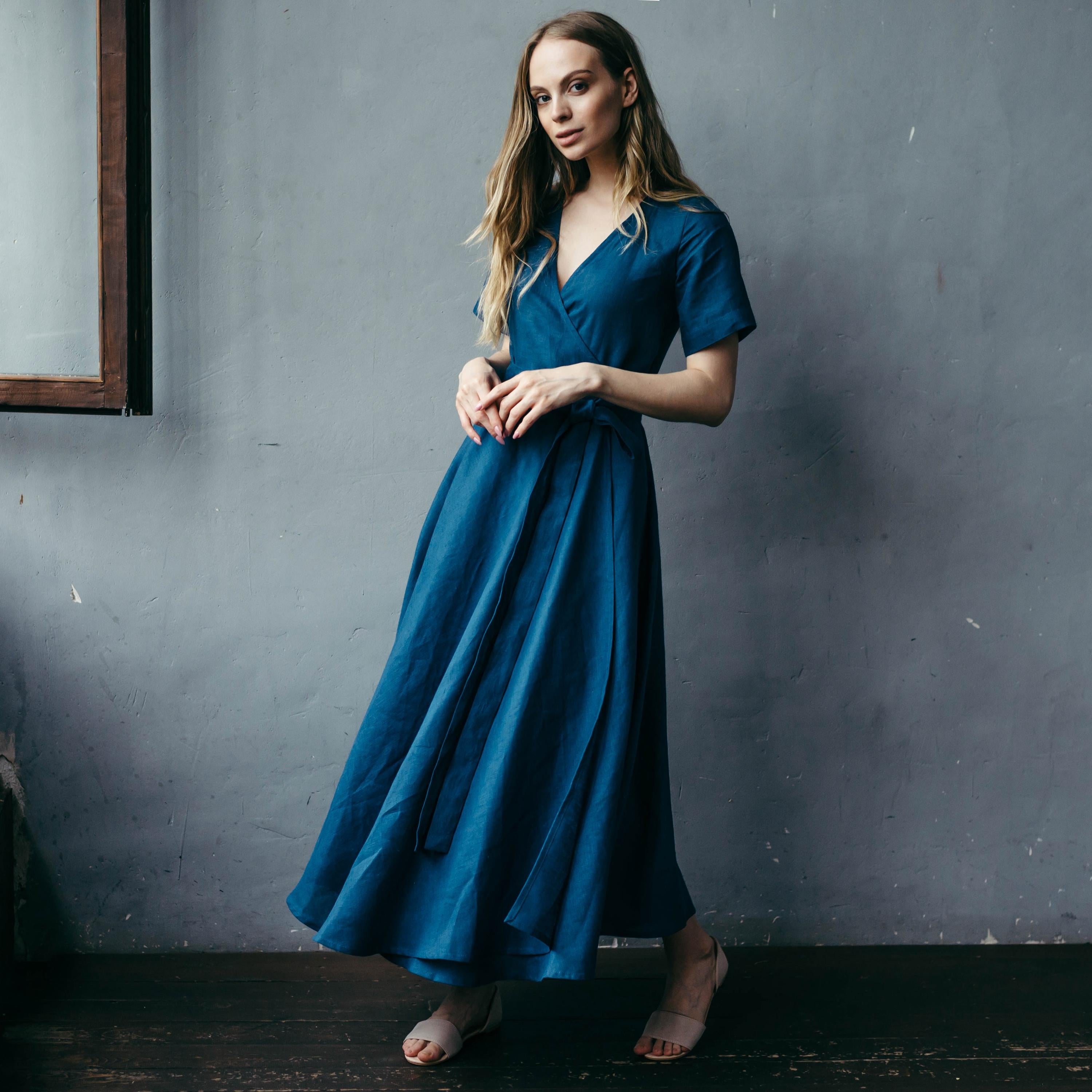 Midi Linen Wrap Dress | Coastal Blue