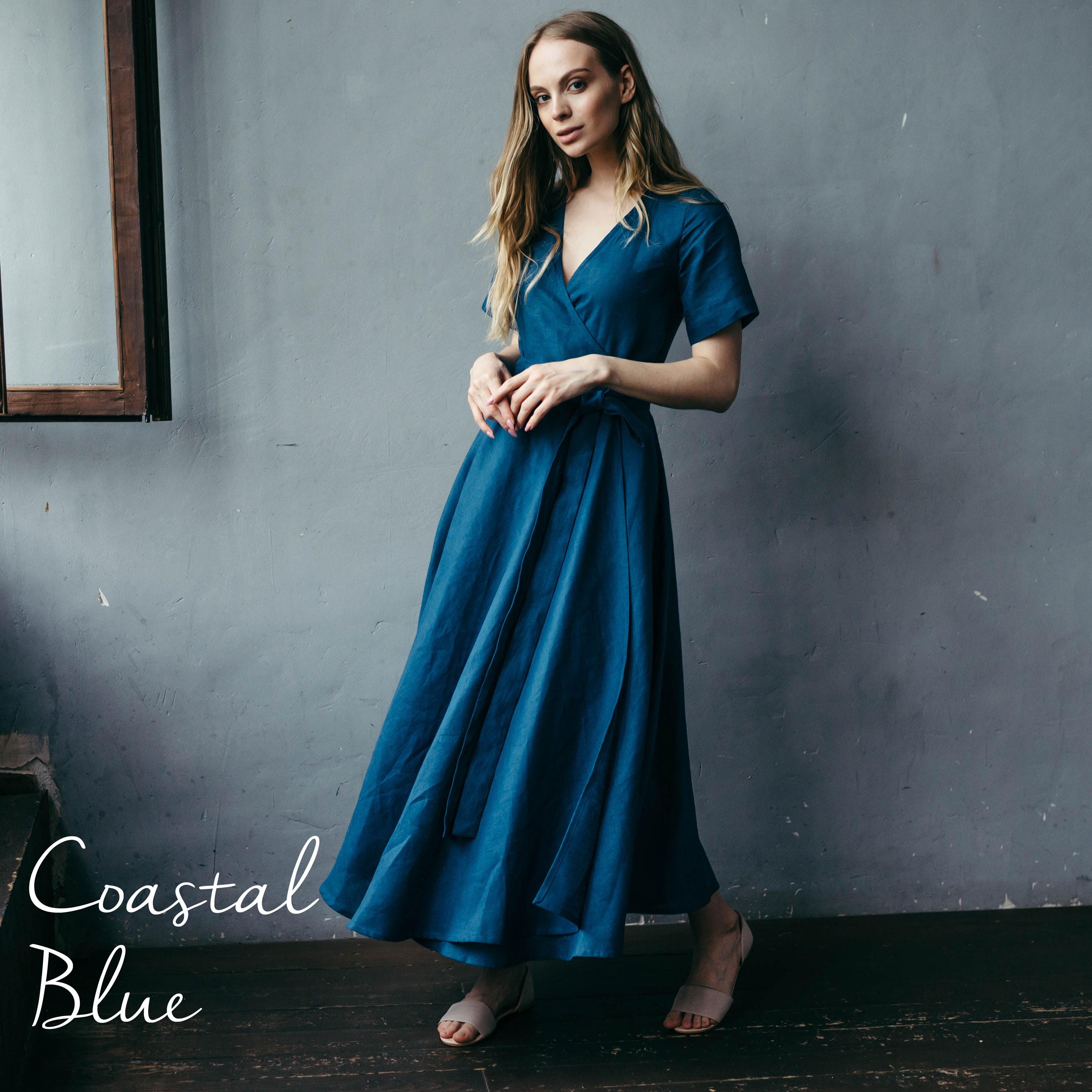 Natural Linen Wrap Dress | Navy