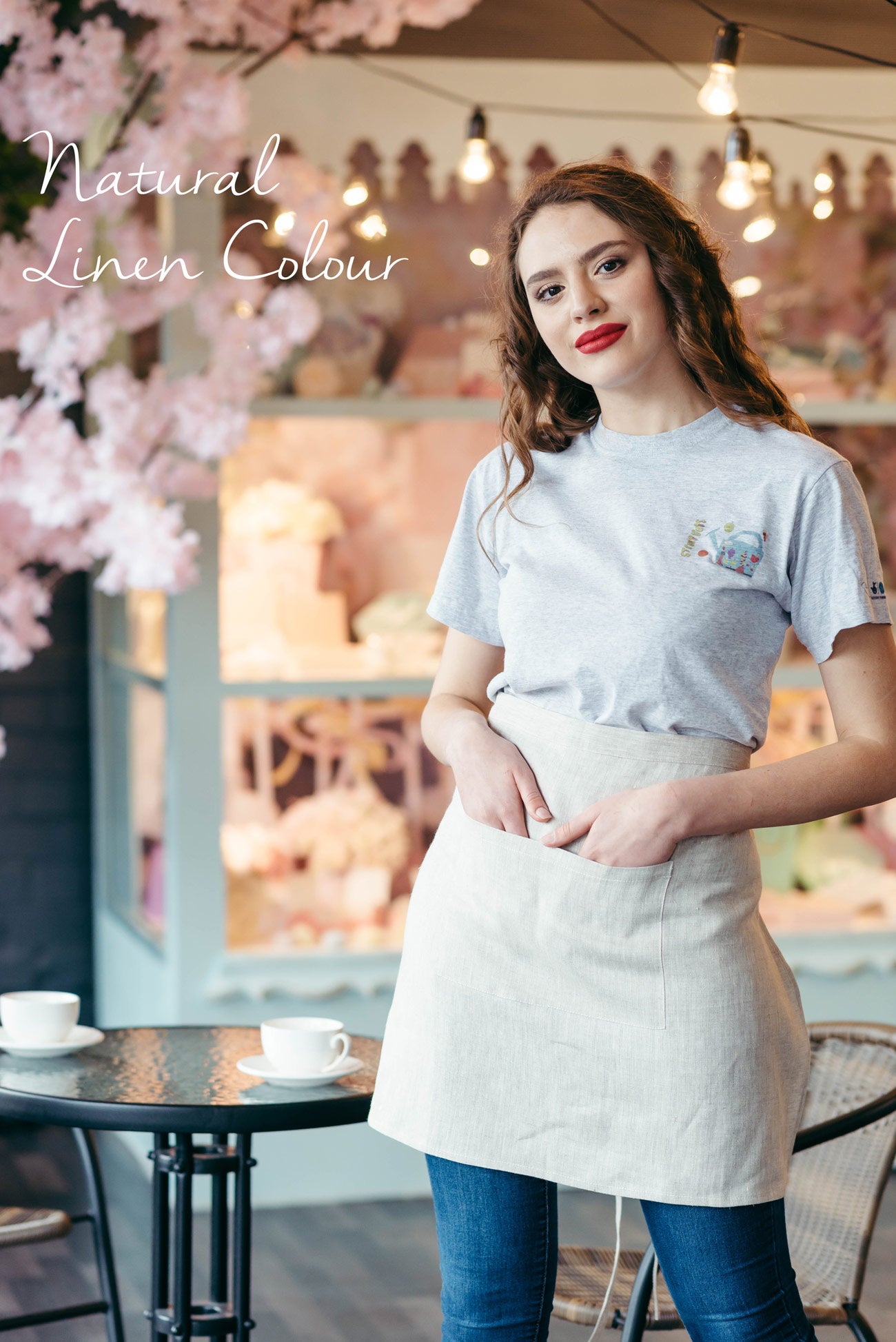 Natural Linen Half Apron with Pockets