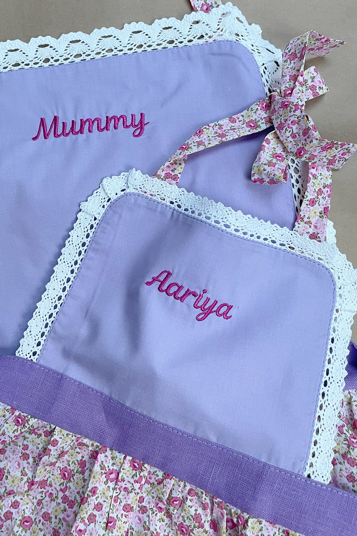 Kids' Personalised Aprons | Purple, Floral & Polka Dot Prints