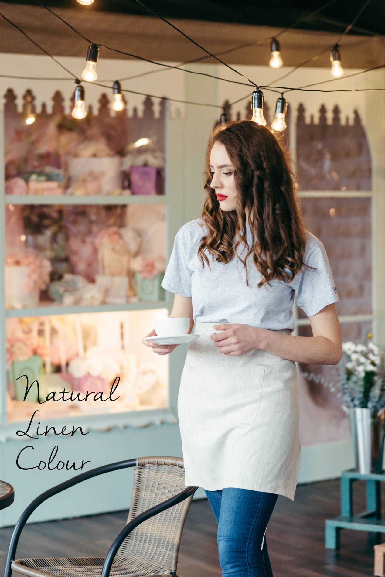 Natural Linen Half Apron with Pockets