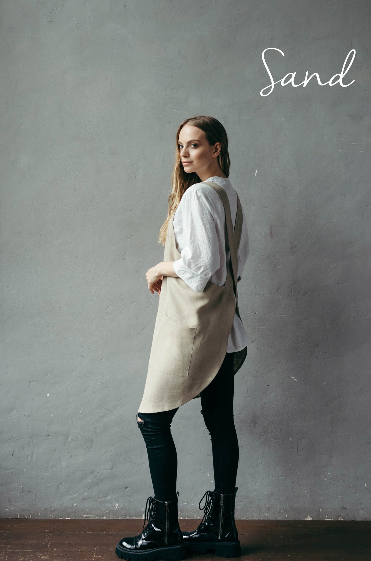 Khaki Short Linen Crossover Pinafore Apron