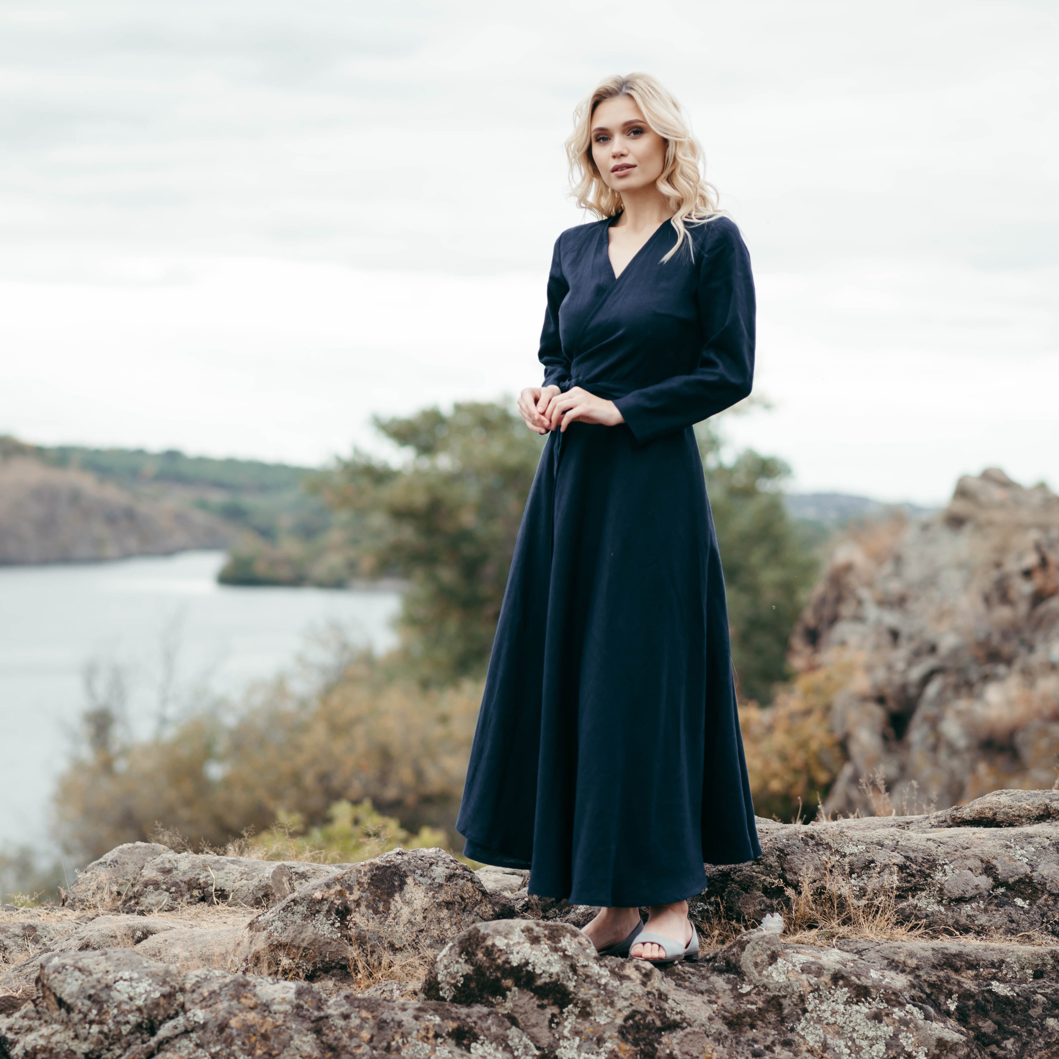 Long Sleeve Linen Wrap Dress | Navy