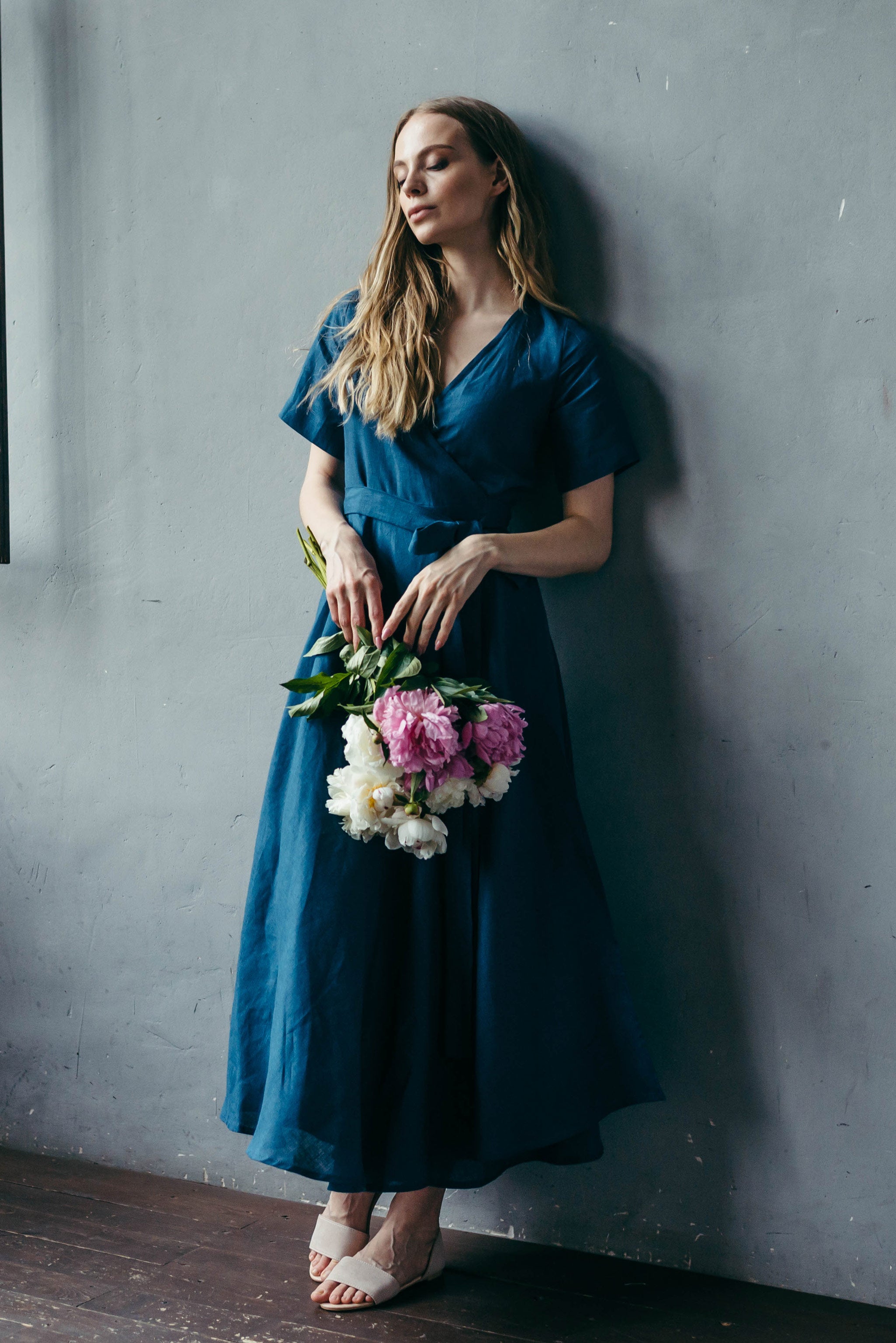 Midi Linen Wrap Dress | Coastal Blue