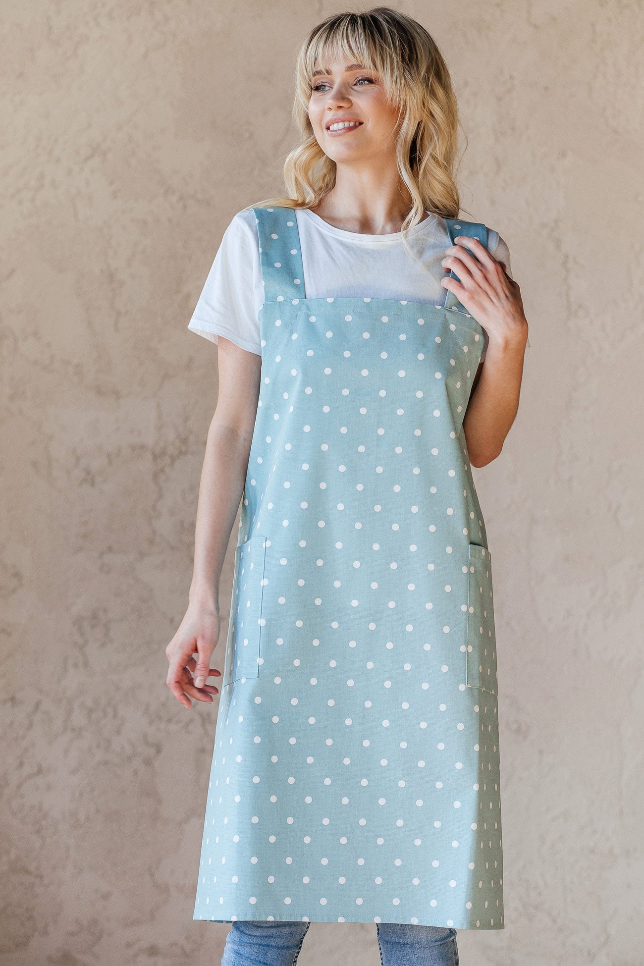 Printed Cotton Pinafore Apron | Duck Egg